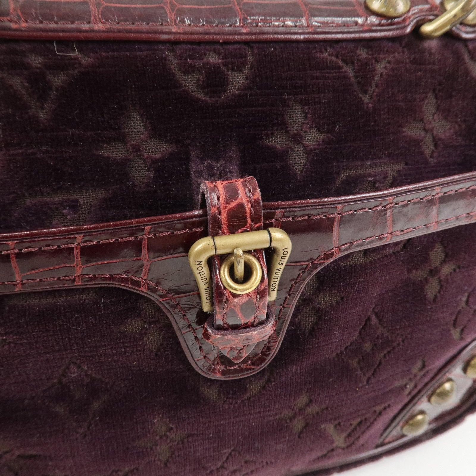 Louis Vuitton Monogram Vleur Velvet Leather Hand Bag Burgundy