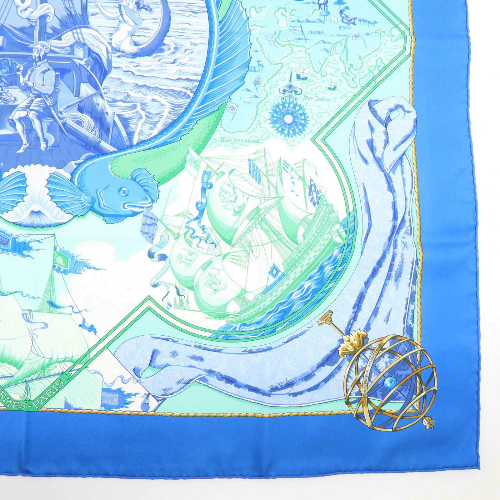 HERMES Carre 90 Silk 100% Scarf Au-dela des cinq mers Blue Green