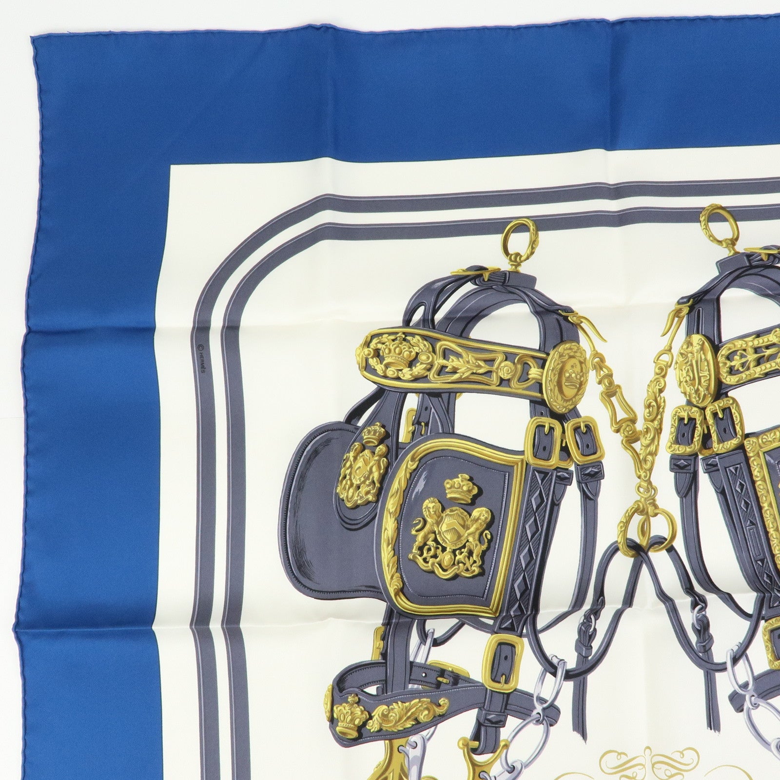 HERMES Carre 90 Silk 100% Scarf BRIDES DE GALA Blue White