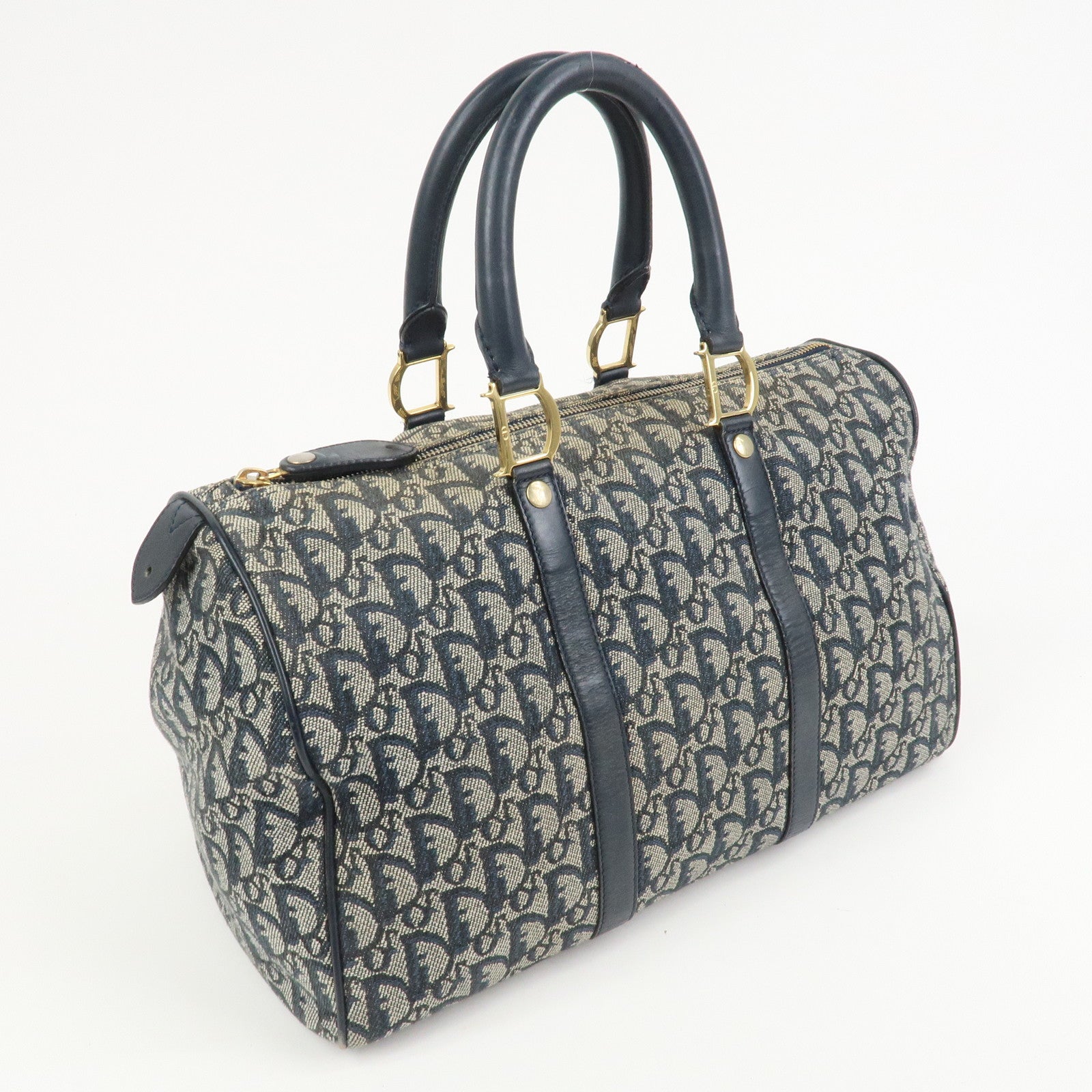 Christian Dior Trotter Jacquard Canvas Leather Boston Hand Bag Navy