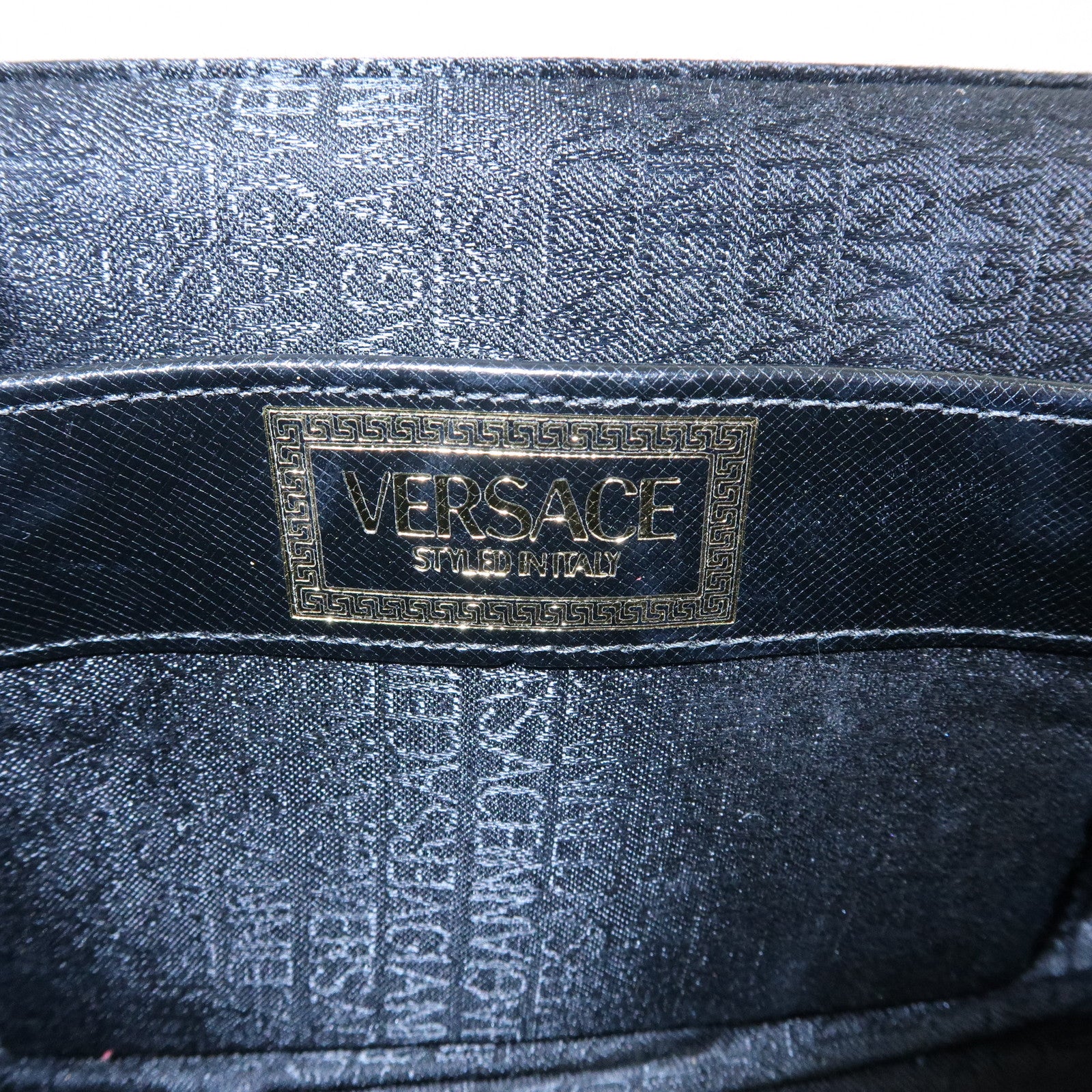 GIANNI VERSACE Leather Hand Bag Vanity Case Gold Charm Black