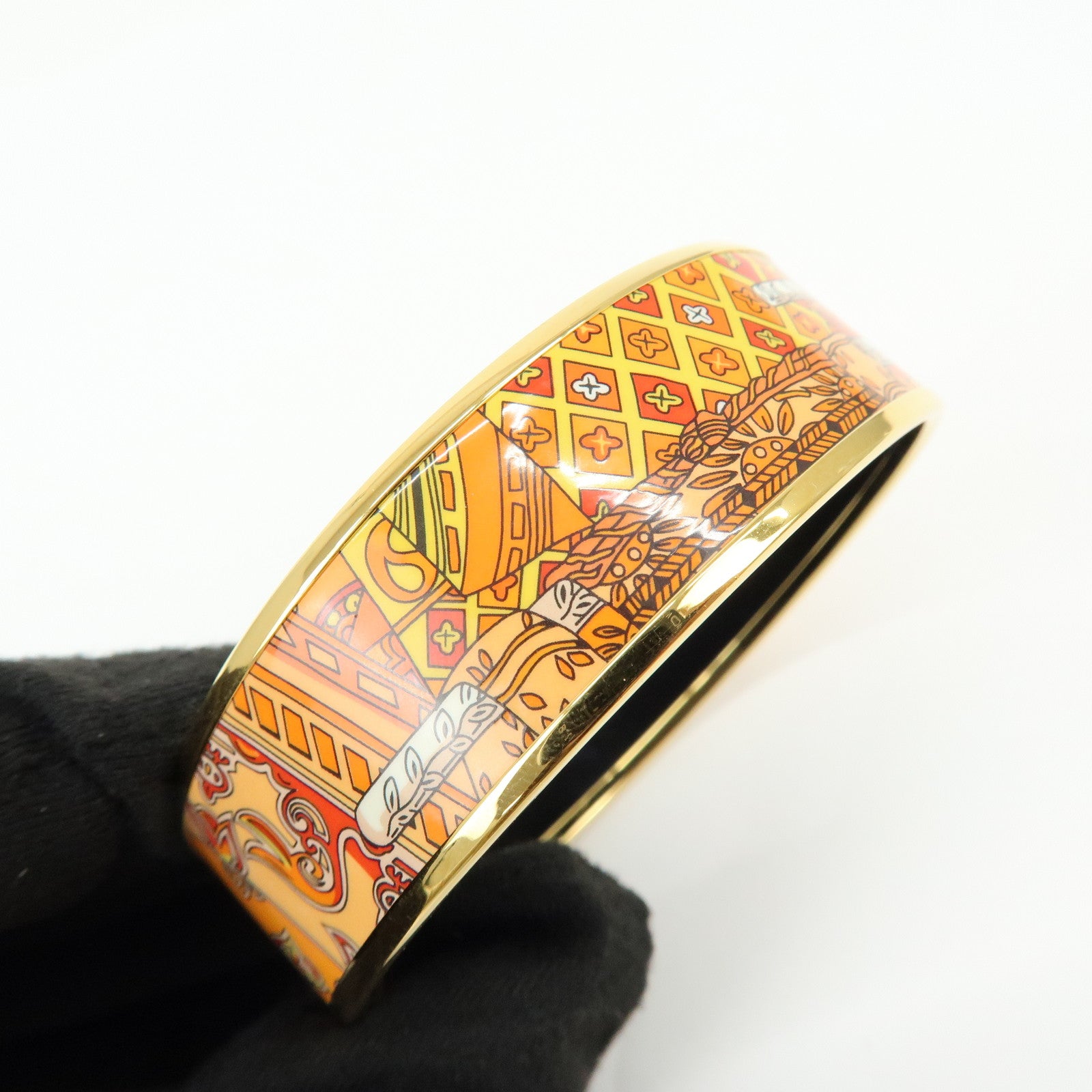 HERMES Gold Plated Email GM Bangle Bracelet Orange Gold