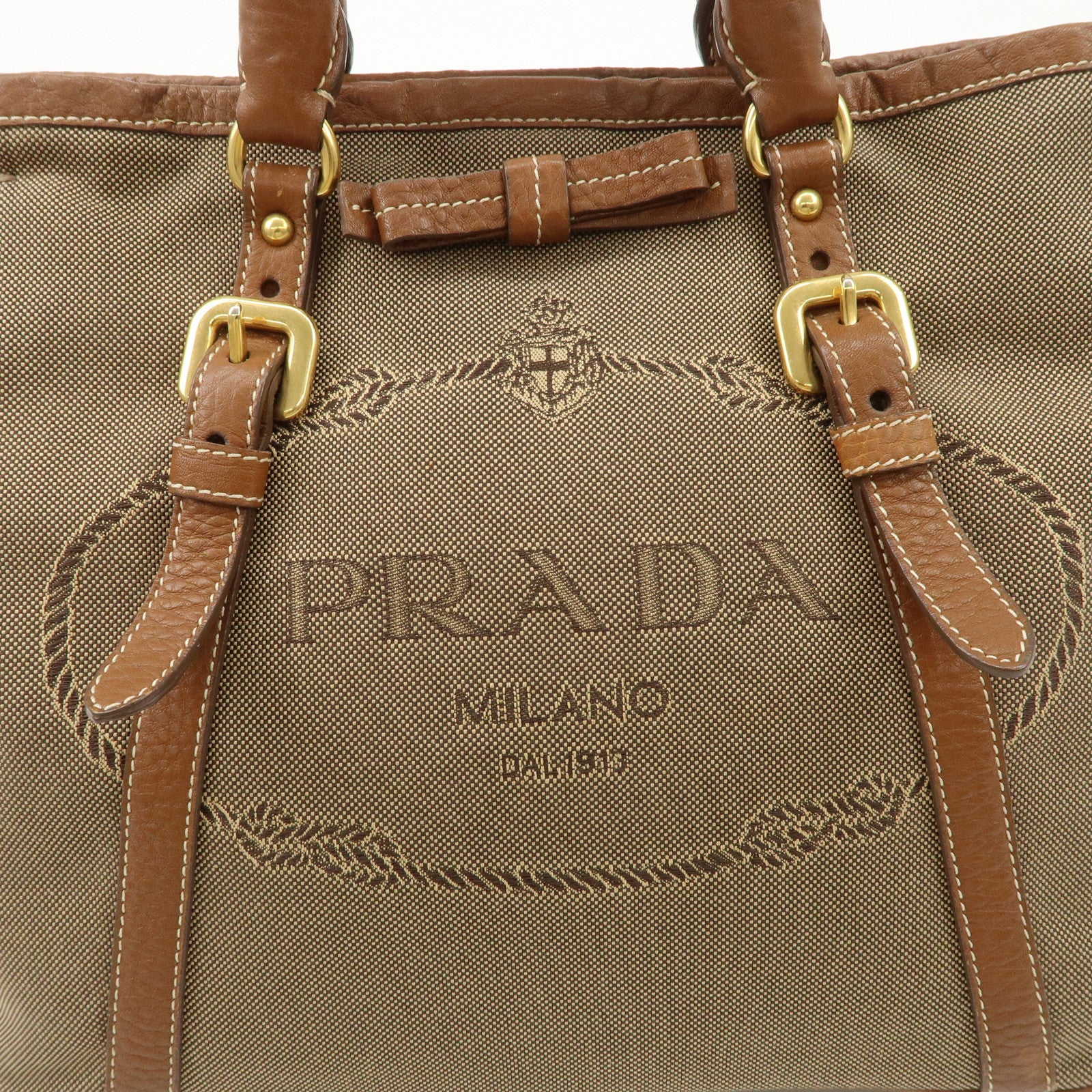 PRADA Leather Logo Jacquard Tote Bag Ribbon Beige Brown BN1841 Used