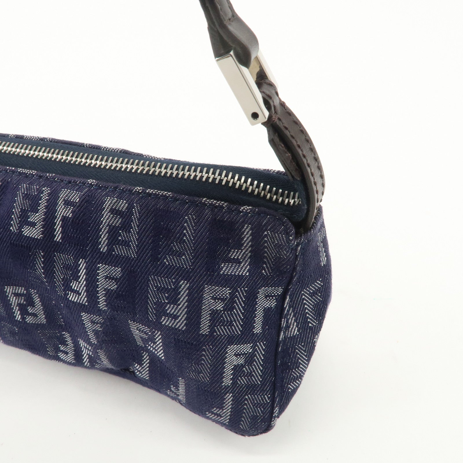 FENDI Zucchino Canvas Leather Shoulder Bag Pouch Navy 8BR249 Used