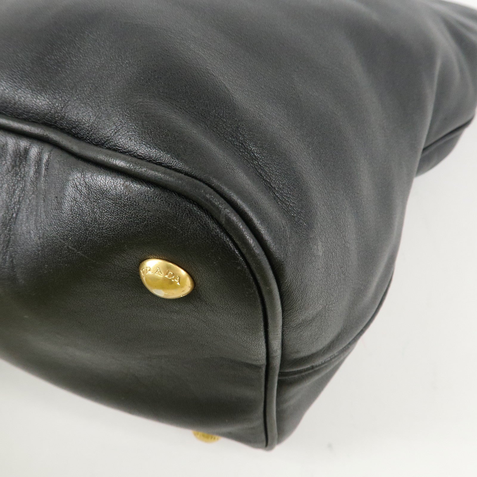 PRADA Logo Calf Leather 2Way Tote Bag Hand Bag Black Gold HDW BN1902 Used