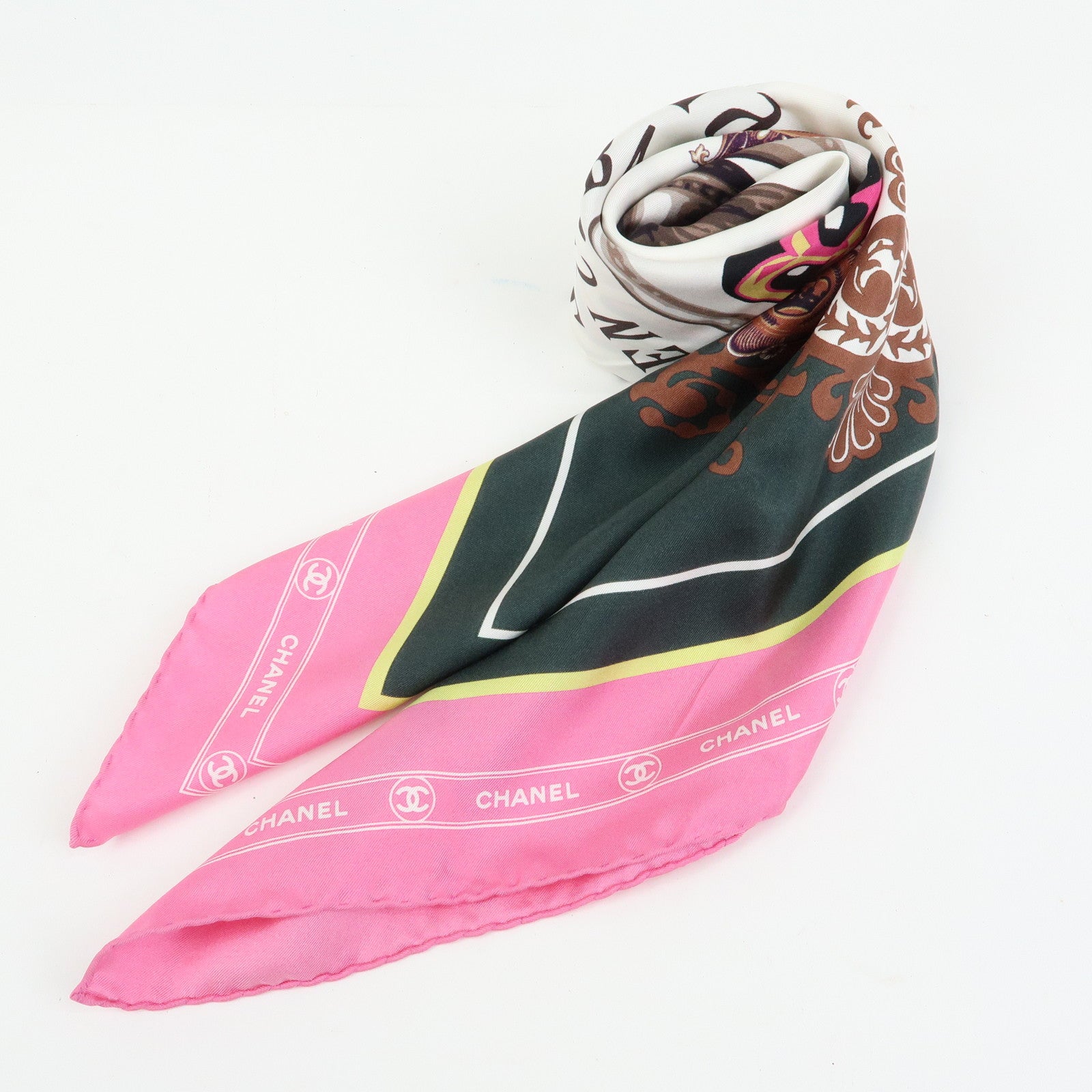 CHANEL Silk100% Scarf Paris Cuba Collection Pink Black Brown