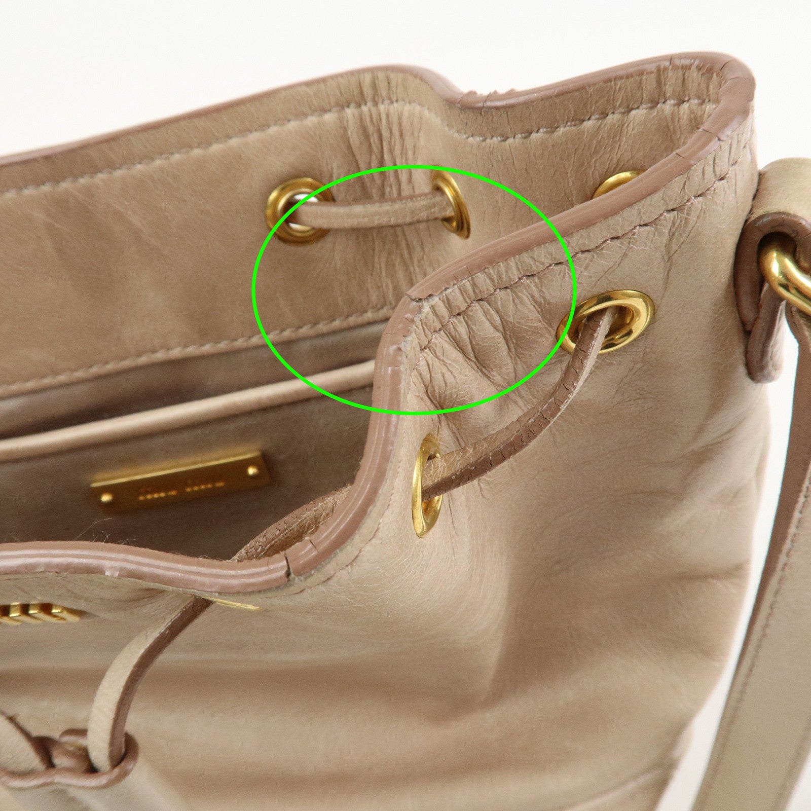 MIU MIU Logo Leather Drawstring Shoulder Bag Crossbody Bag Beige
