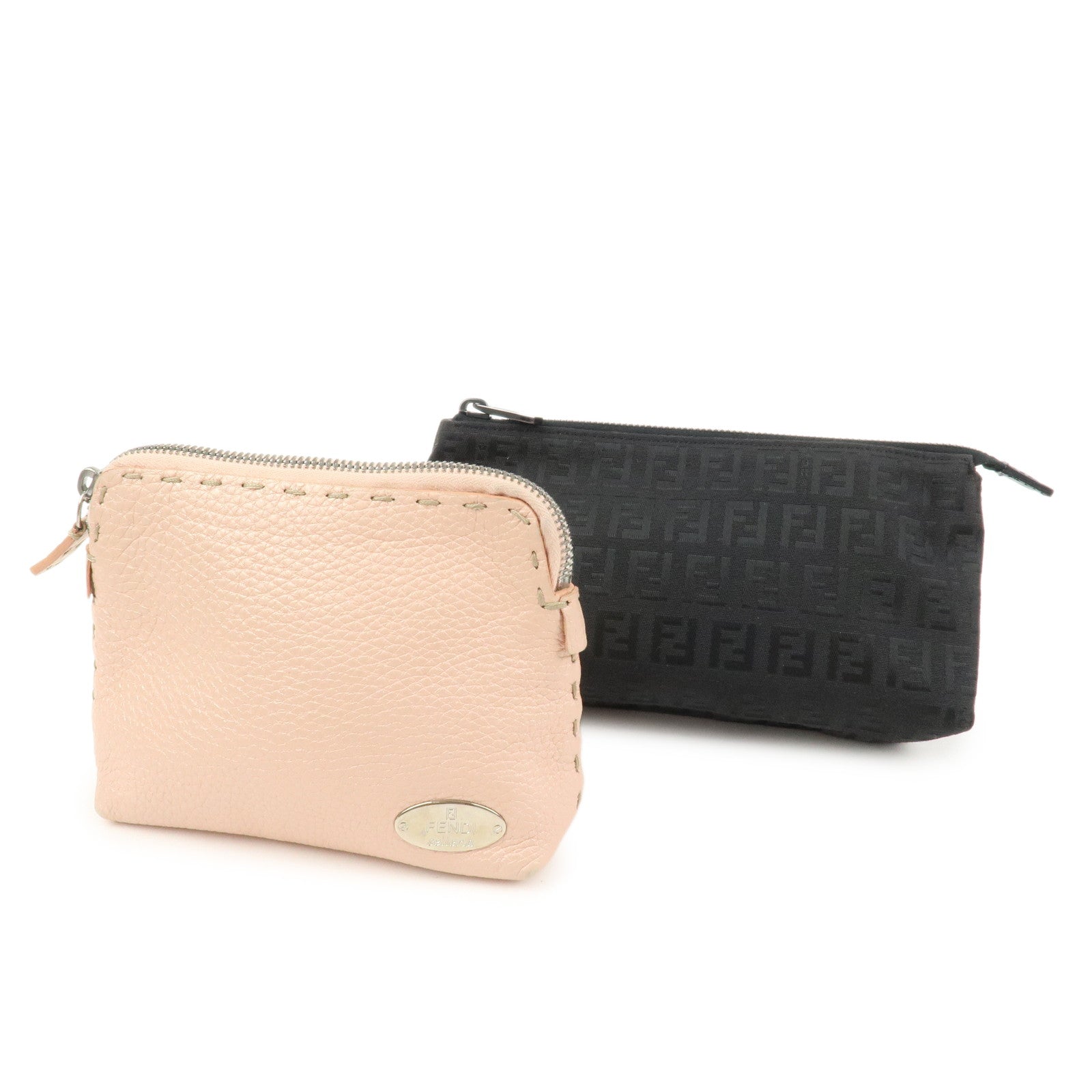 FENDI Set Of 2 Leather Zucchino Canvas Pouch Pink 8N0036 7N0038