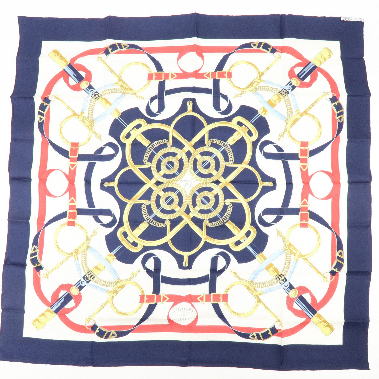 HERMES Carre 90 Silk 100% Scarf Eperon d'or Navy White Yellow Red