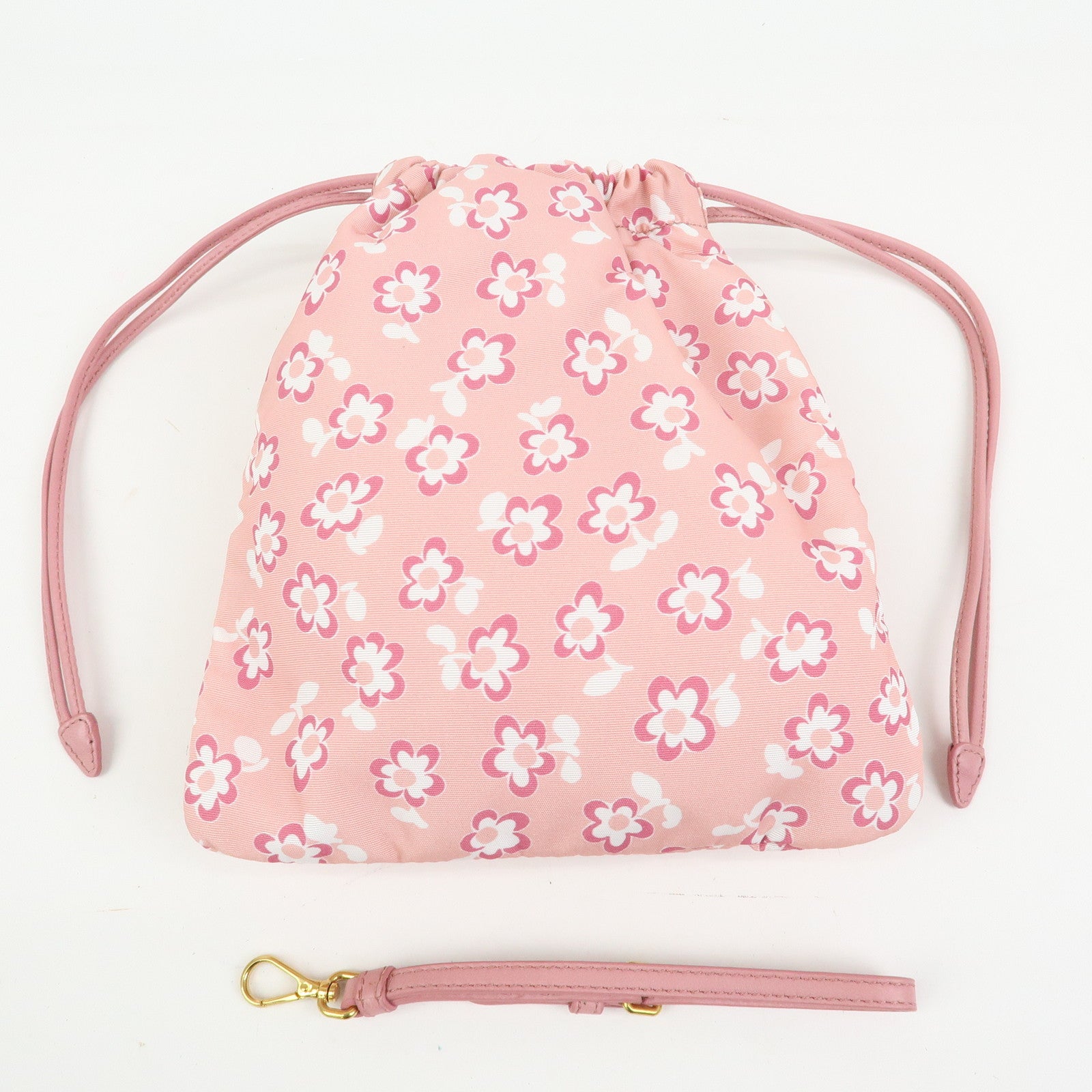 MIU MIU Logo Nylon Leather Drawstring Pouch Flower Motif 5NG003