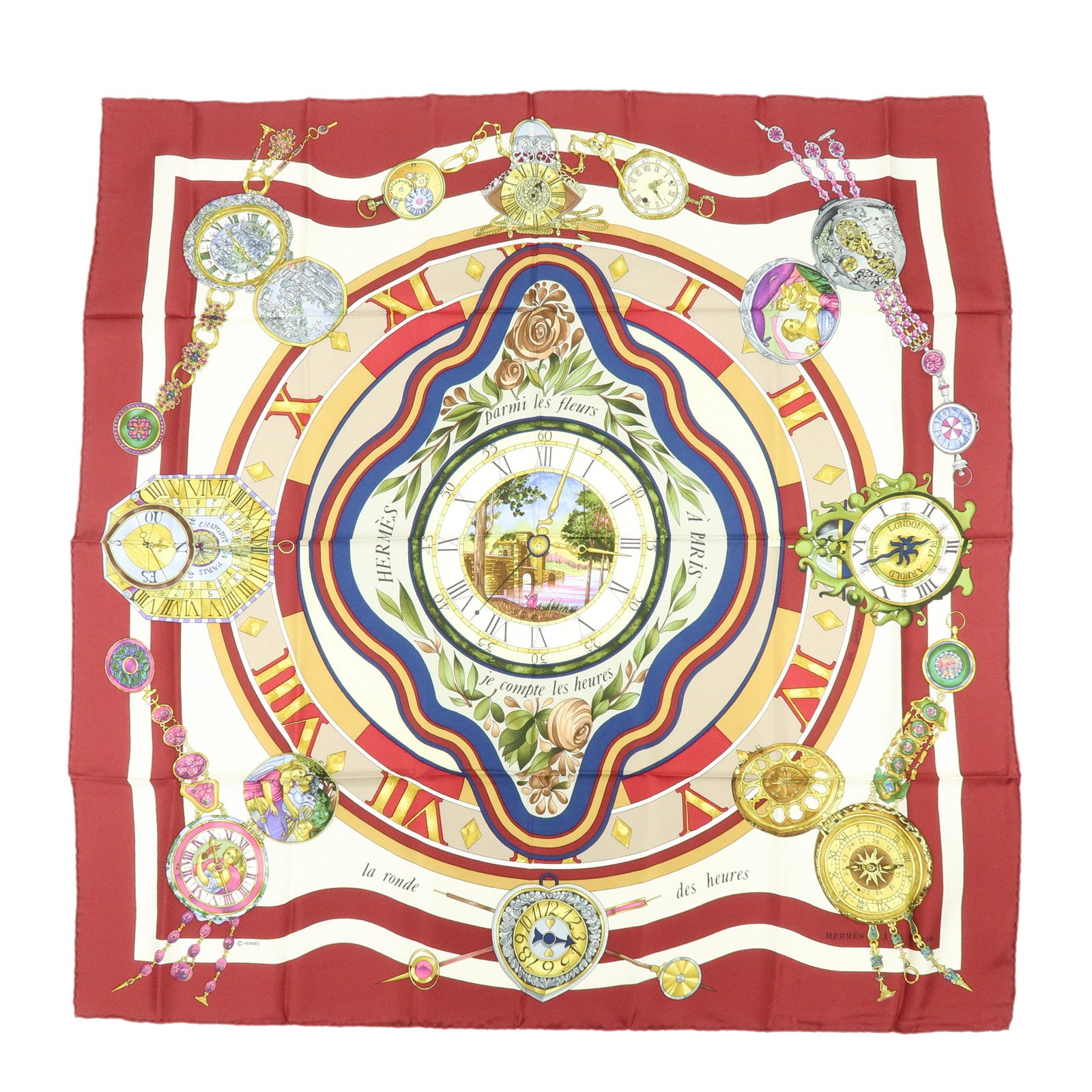 HERMES Carre 90 Silk 100% Scarf la ronde des heures Bordeaux White