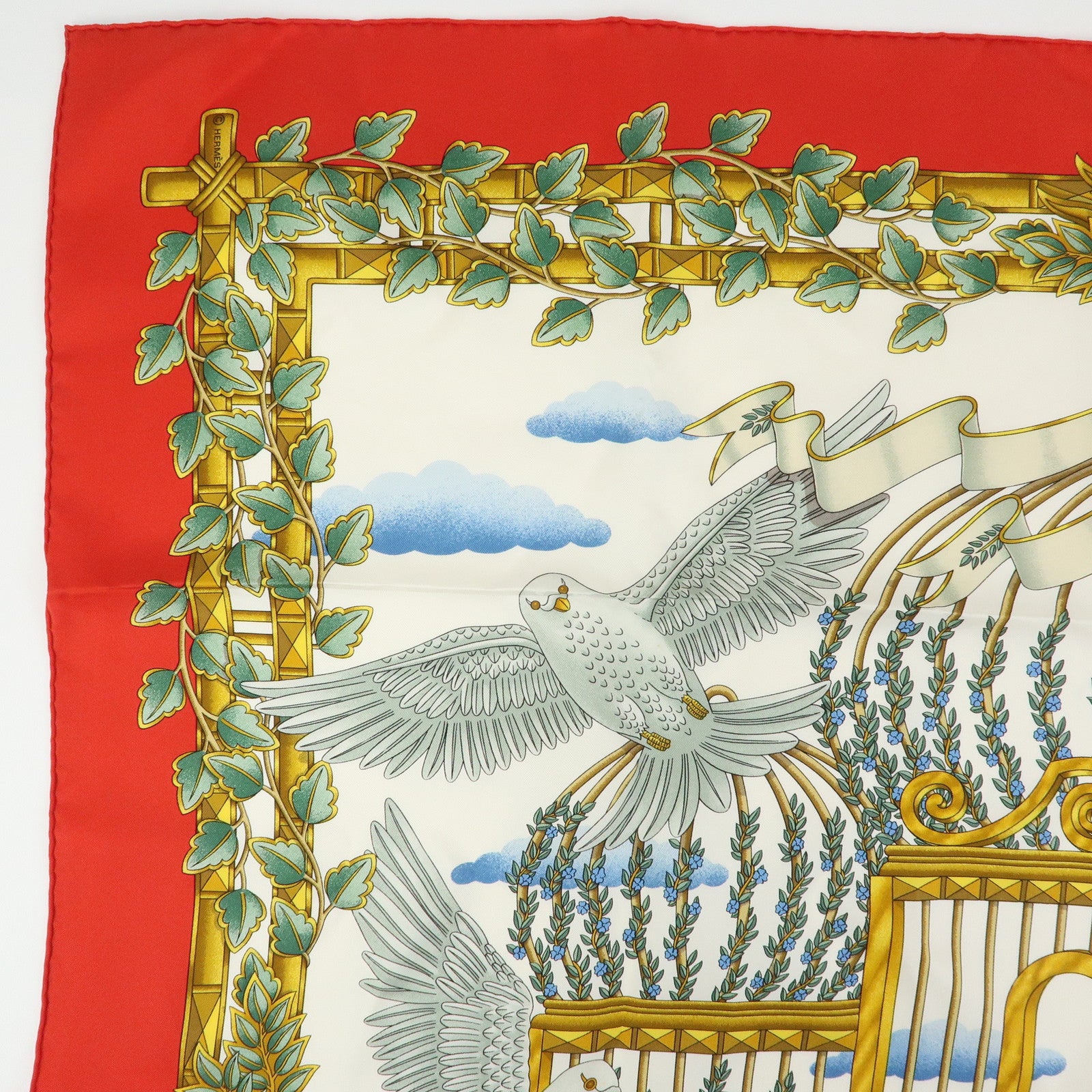 HERMES Carre 90 Silk 100% Scarf ENVOL Bird Print Red White