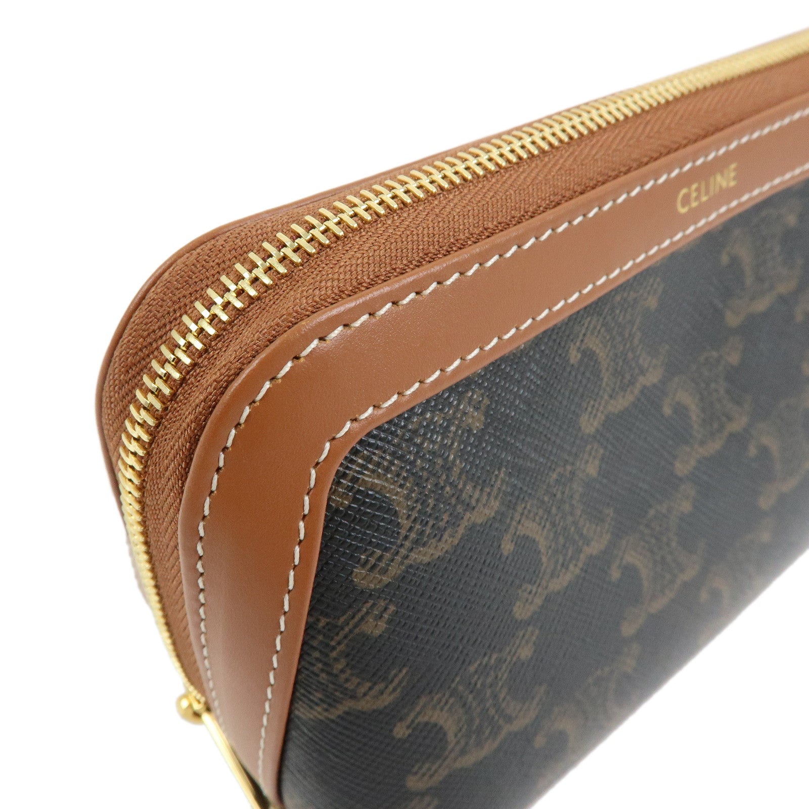CELINE Triomphe PVC Calf Leather Cosmetic Pouch Tan Dark Brown