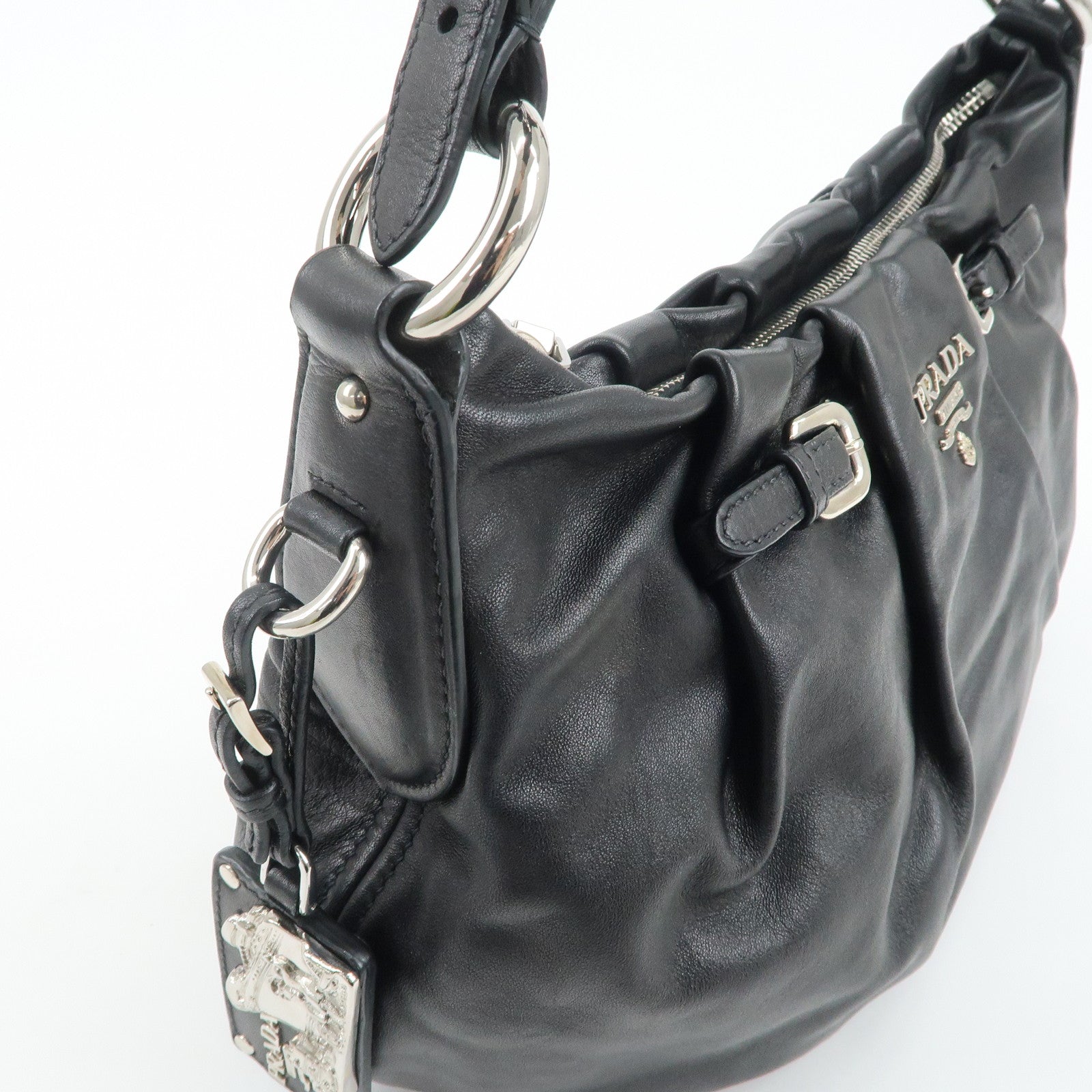 PRADA Soft Calf Leather Shoulder Bag Black BR3795 Used