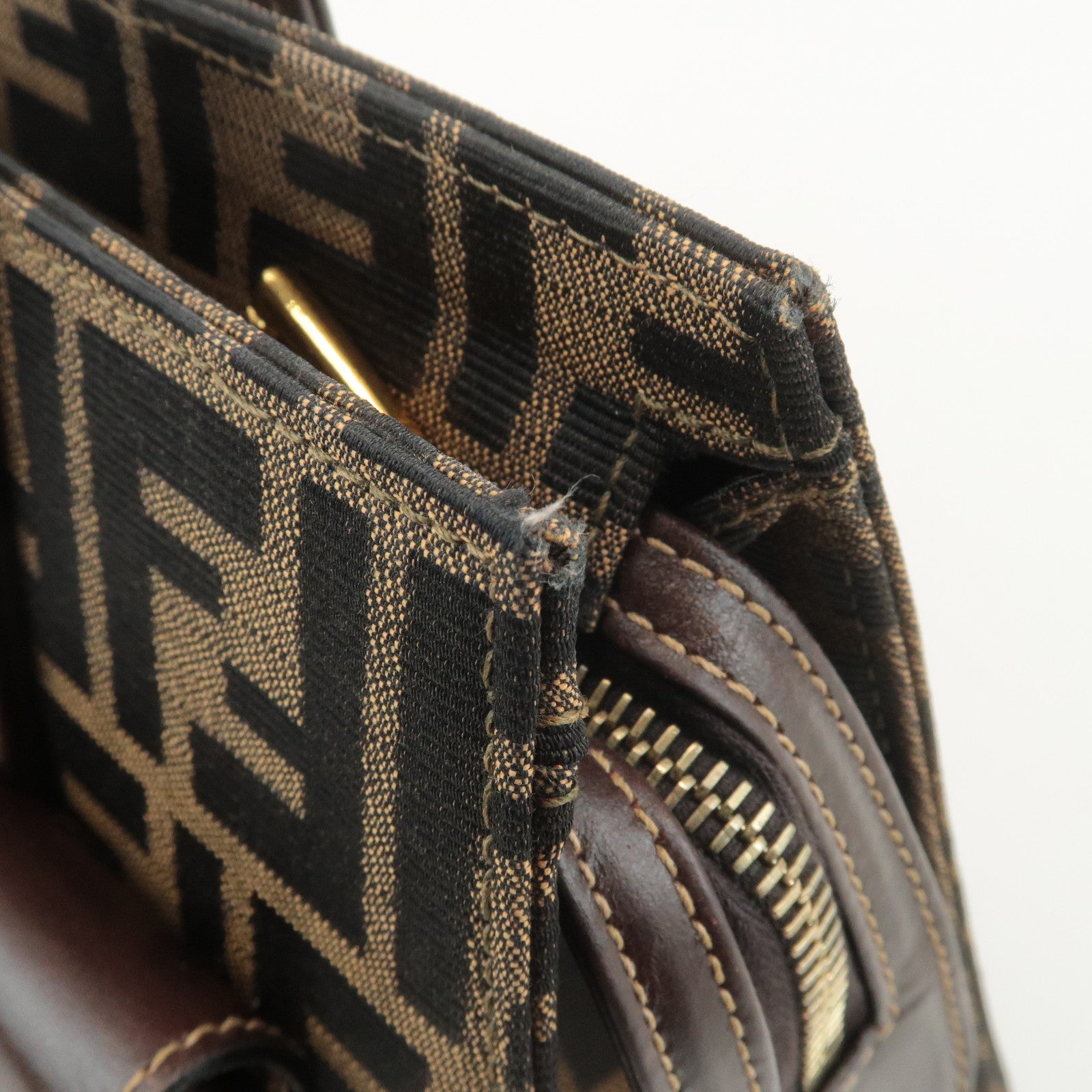 FENDI Zucca Canvas Leather Boston Bag Hand Bag Brown Black Used