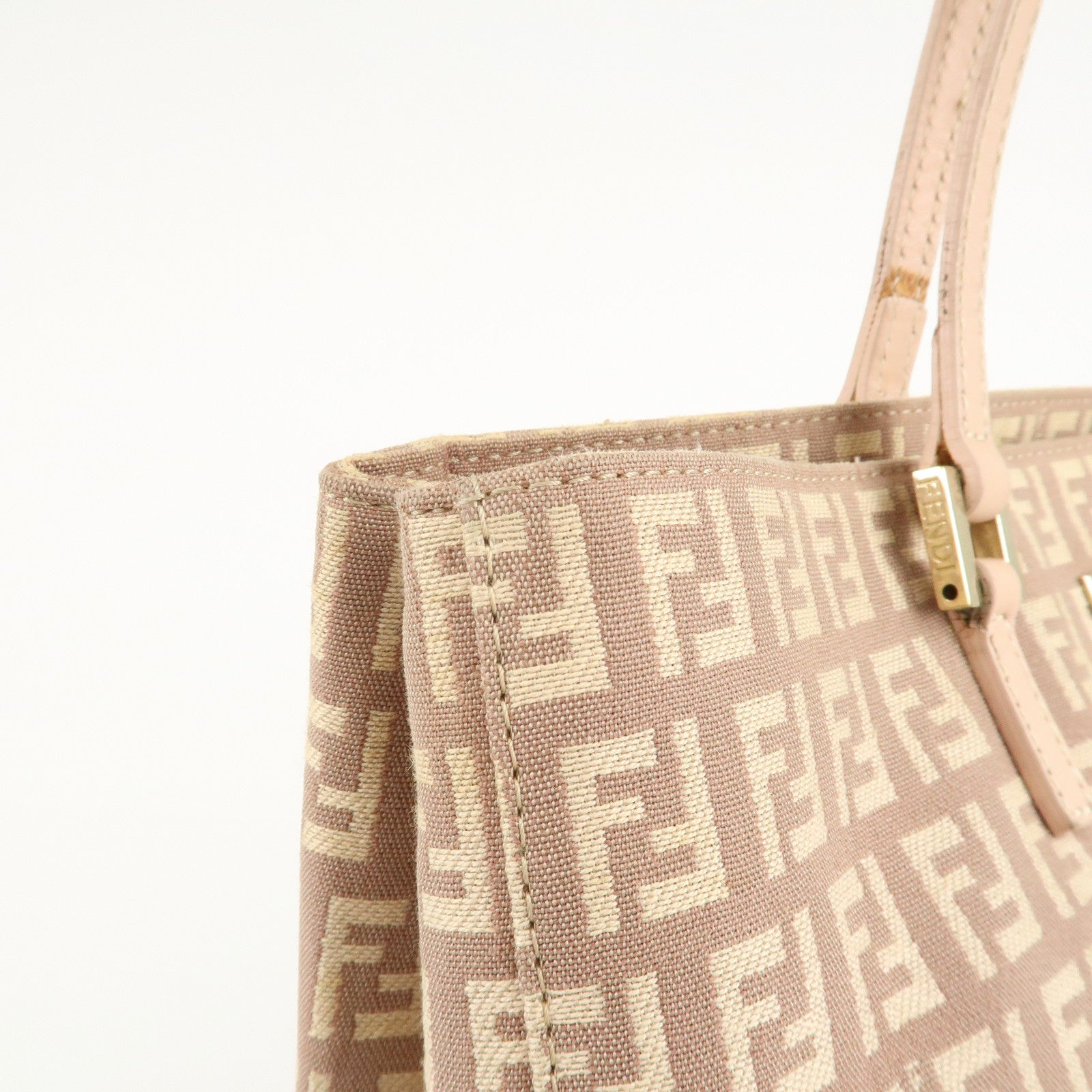 FENDI Zucchino Canvas Leather Tote Bag Pink Beige 8BH133 Used