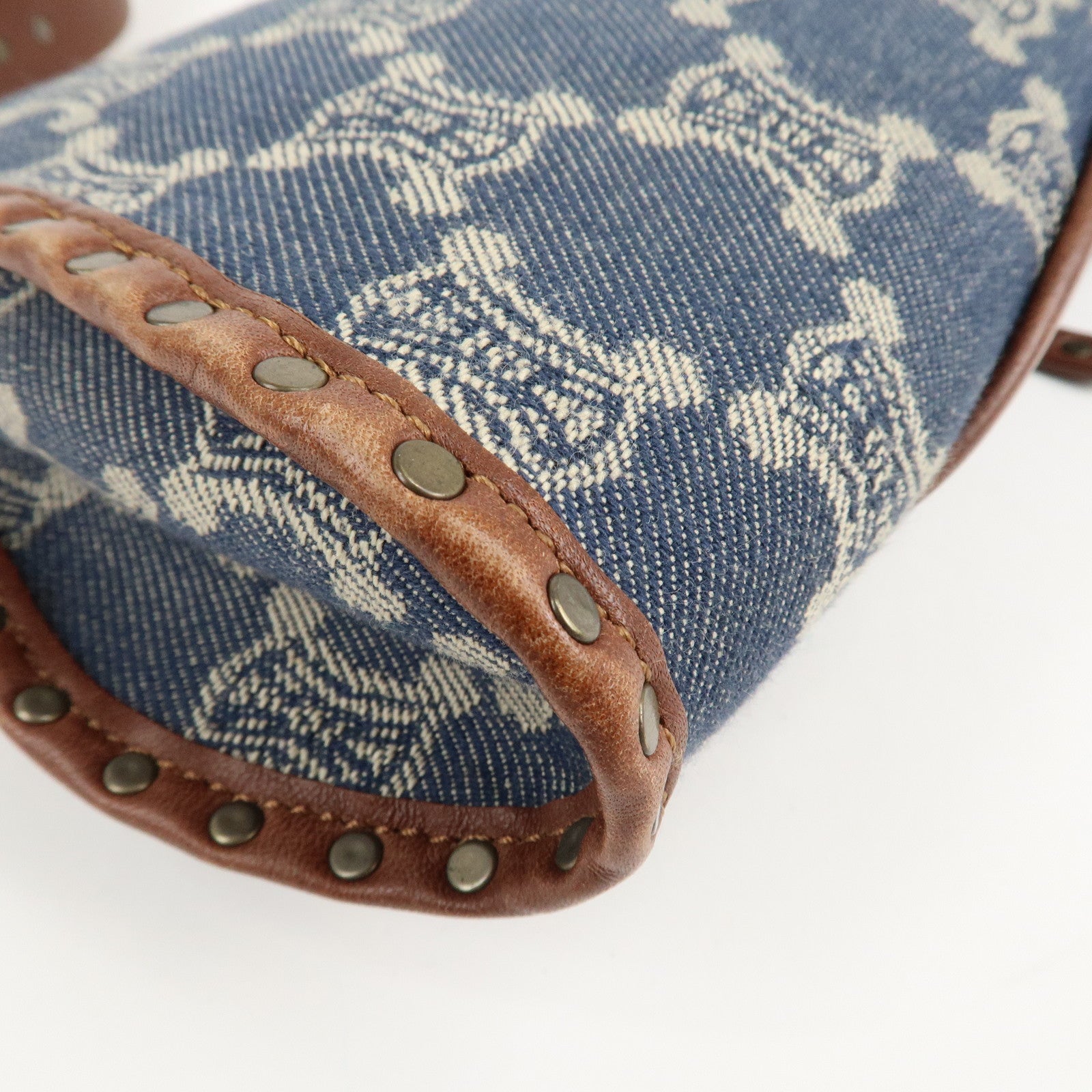 CELINE Macadam Denim Leather Shoulder Bag Blue Brown Used