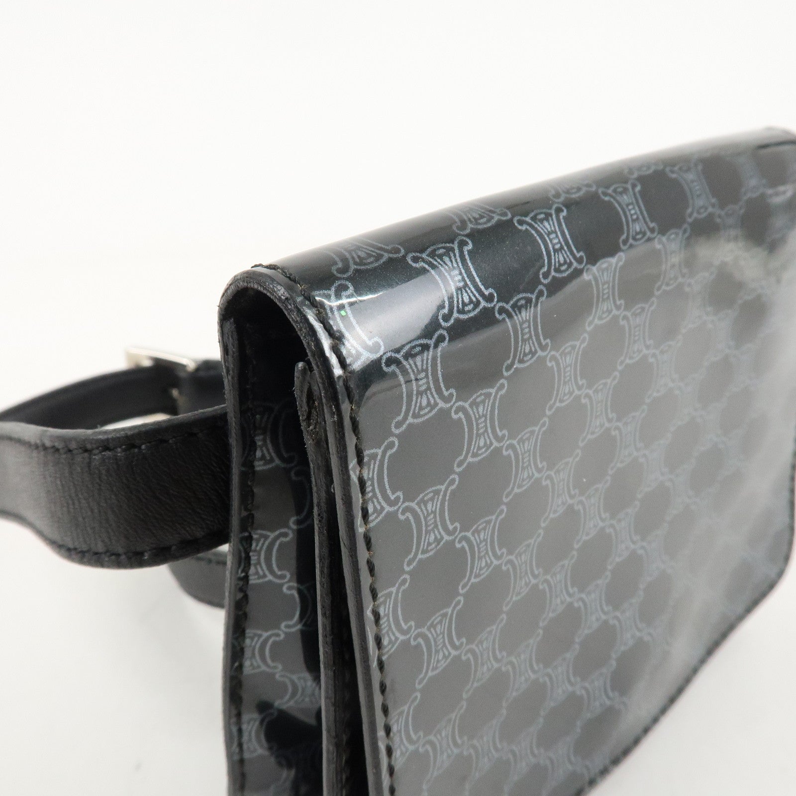 CELINE Macadam Leather PVC Waist Pouch Black Silver HDW MC99/2 Used