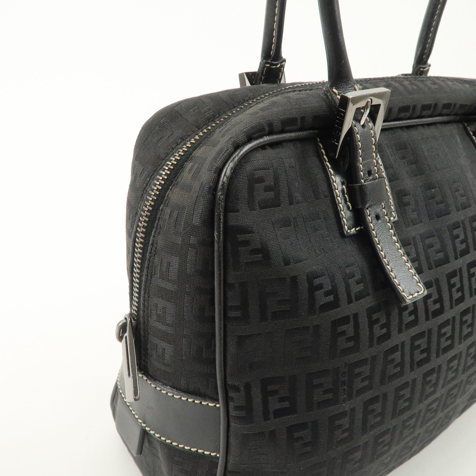 FENDI Zucchino Canvas Leather Mini Boston Bag Black 8BN005 Used
