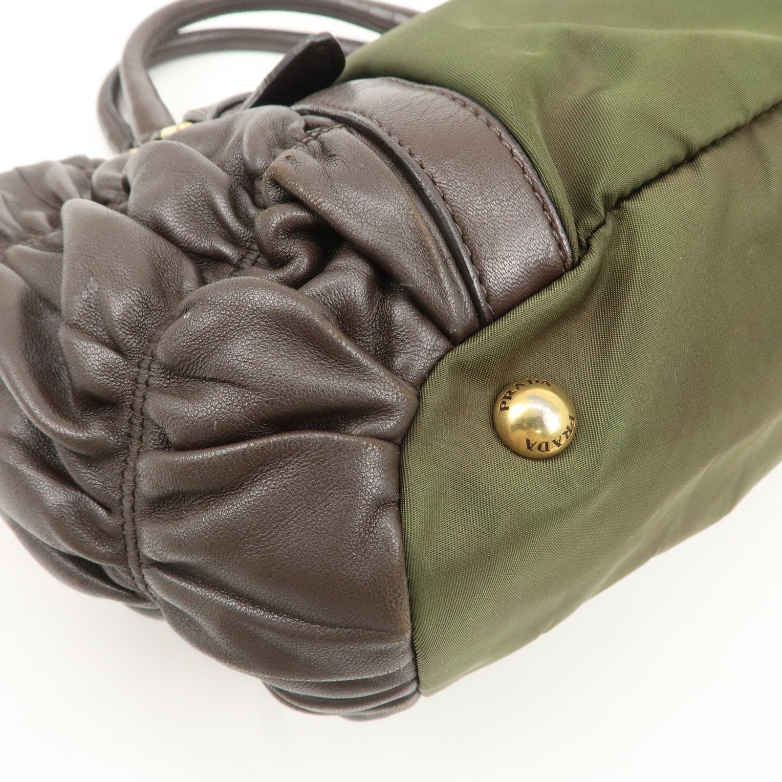 PRADA Nylon Leather Gathered Hand Bag Green Brown BN1793 Used