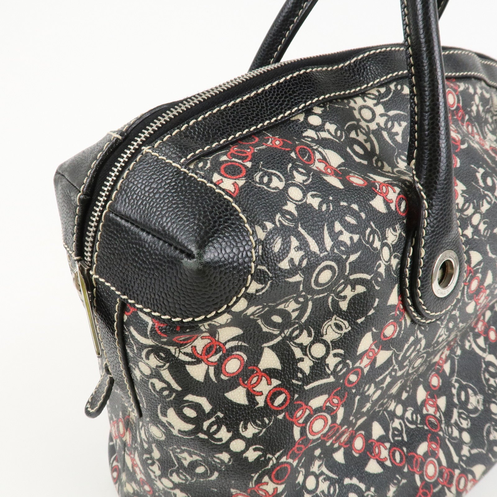 CHANEL COCO Travel PVC Leather Boston Bag Black Silver HDW Used