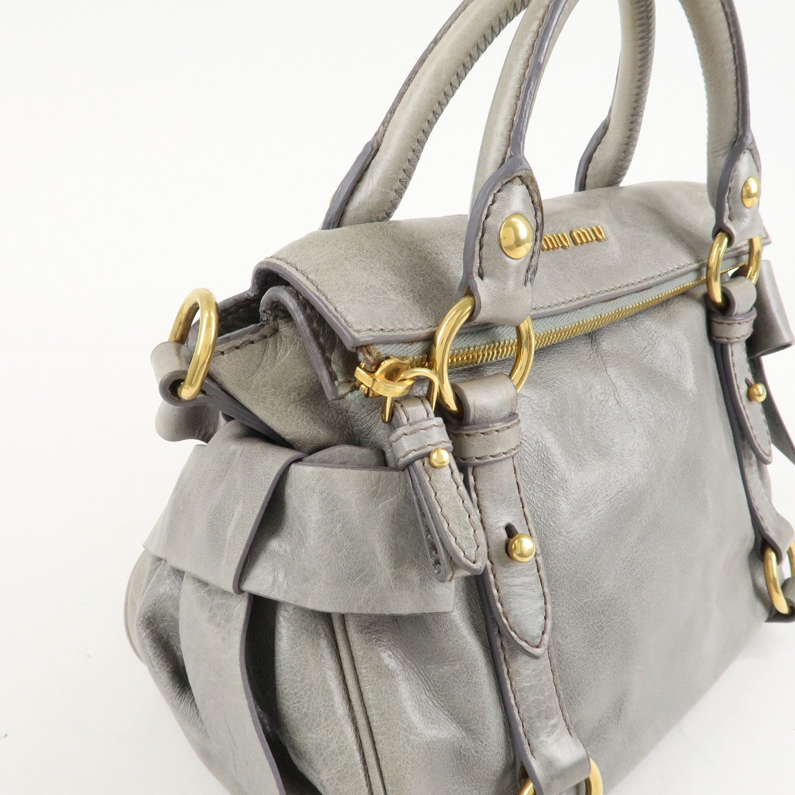 MIU MIU Leather 2Way Bag Hand Bag Shoulder Bag Light Blue Gold HDW Used