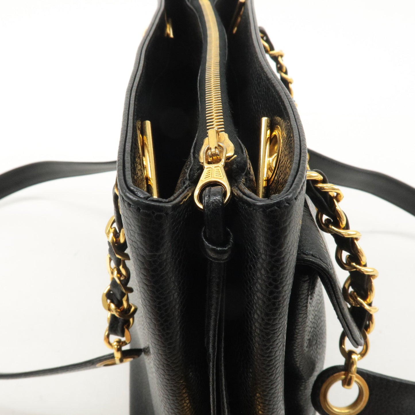 CHANEL Caviar Skin Chain Tote Bag Shoulder Bag Black Gold