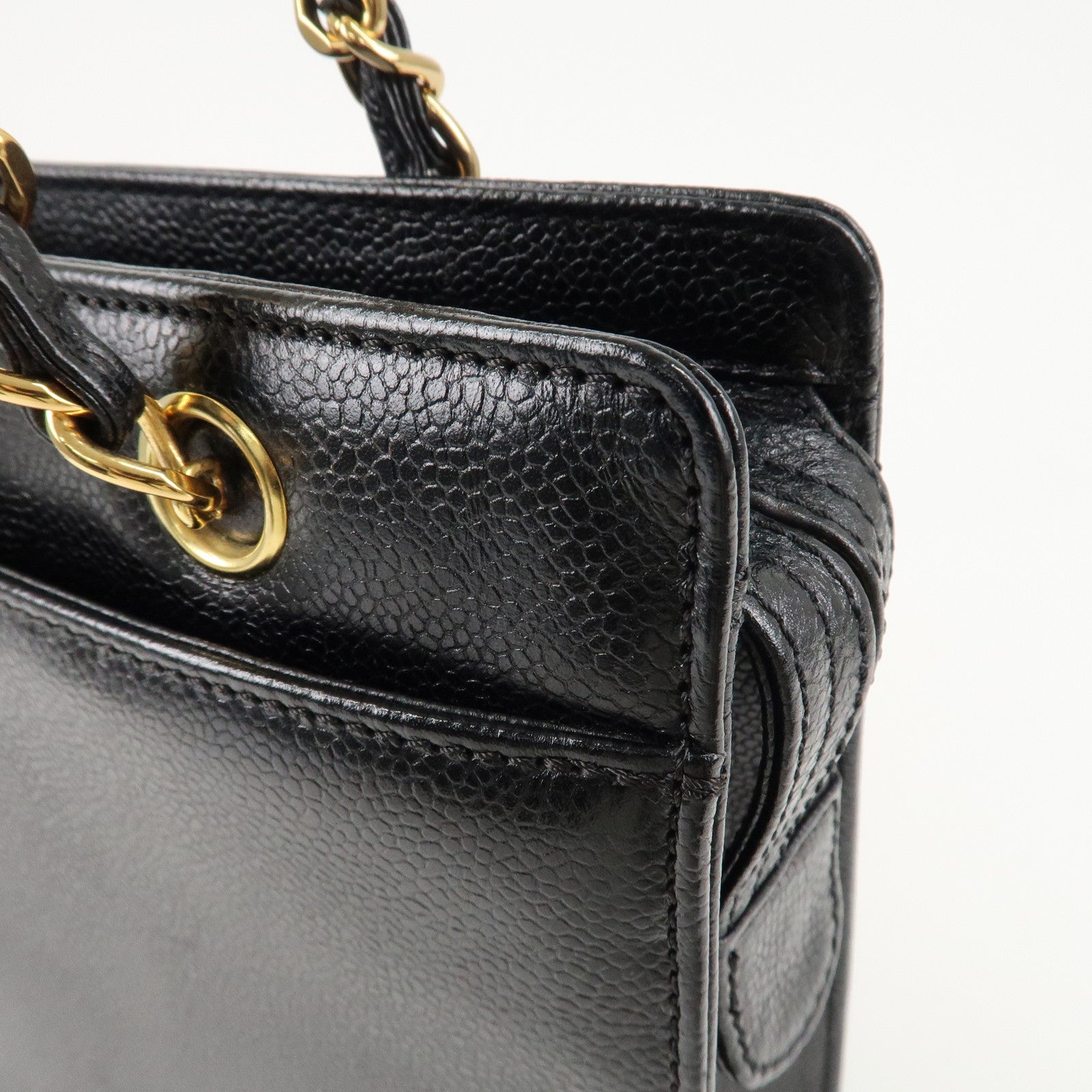 CHANEL COCO Mark Caviar Skin Chain Tote Bag Black Gold Used