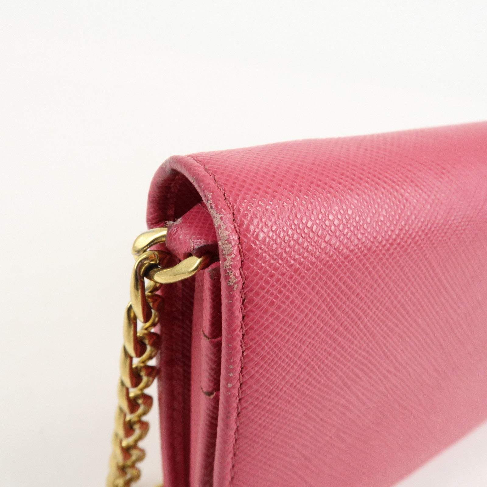 PRADA Saffiano Metal Chain Wallet Shoulder Bag Pink 1DH002 Used