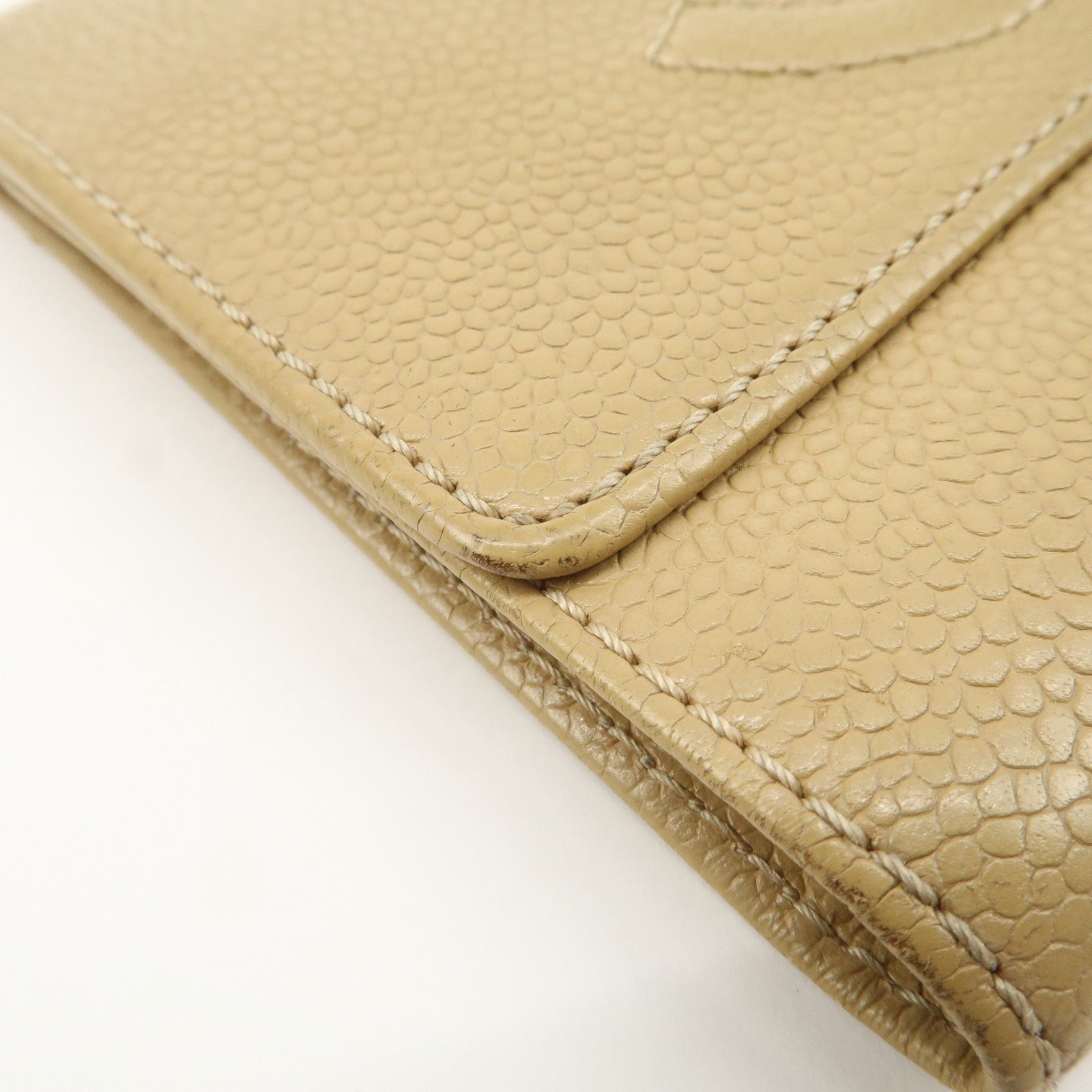 CHANEL Caviar Skin COCO Mark Tri-Fold Wallet Beige Gold Used