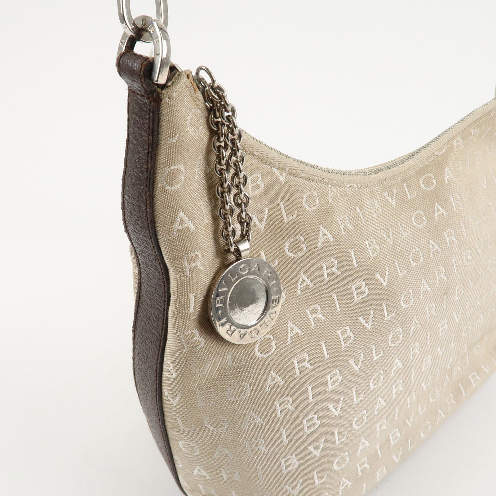 BVLGARI Logomania Canvas Leather Shoulder Bag Beige Dark Brown Used