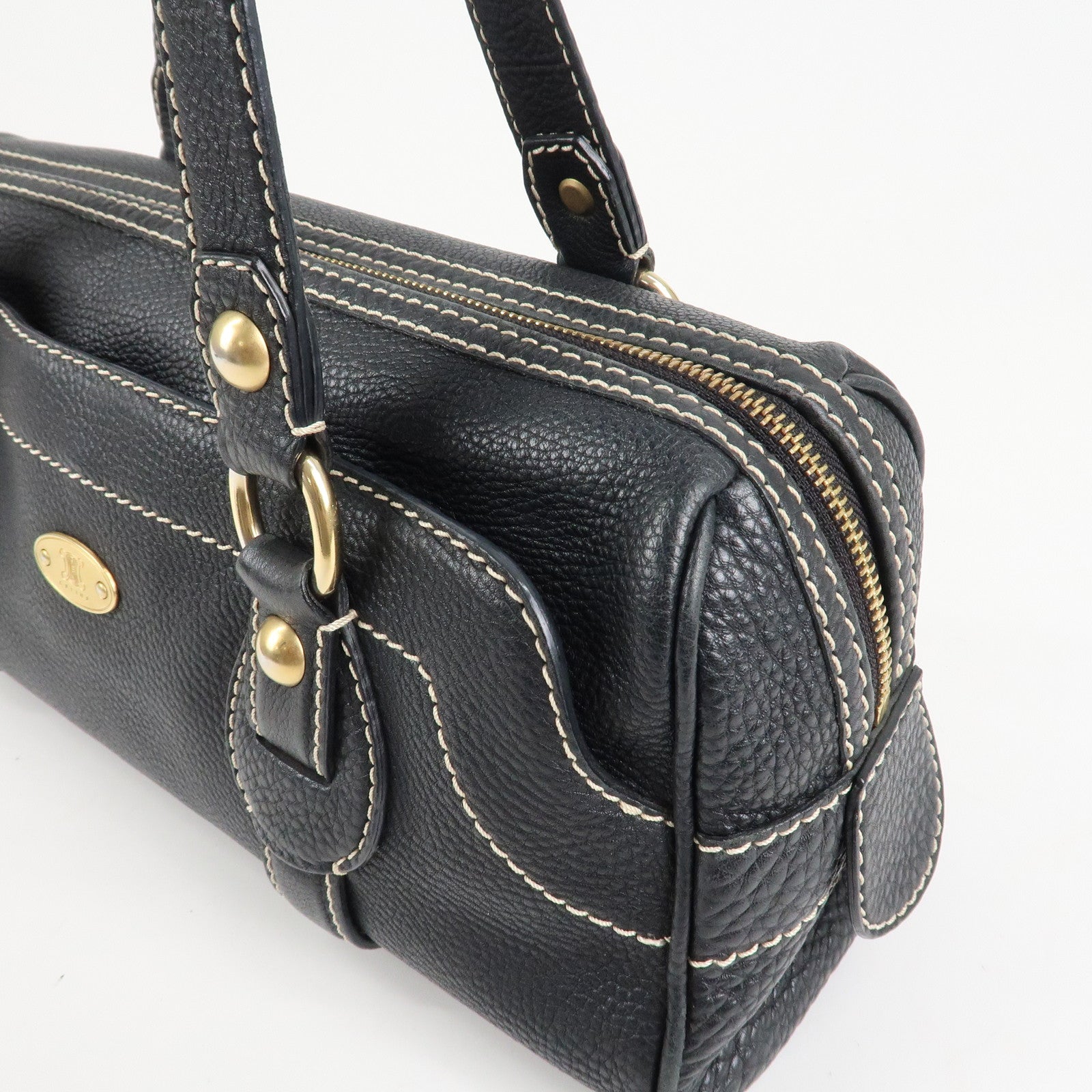 CELINE Leather Macadam Engraved Boston Bag Shoulder Bag Black Used