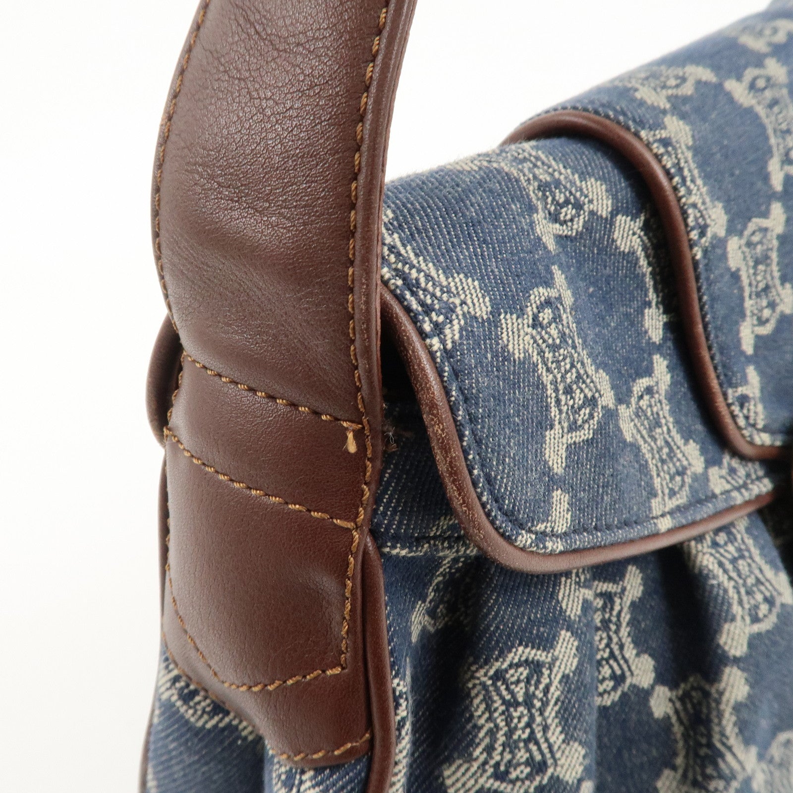 CELINE Macadam Denim Leather Shoulder Bag Blue Brown Used
