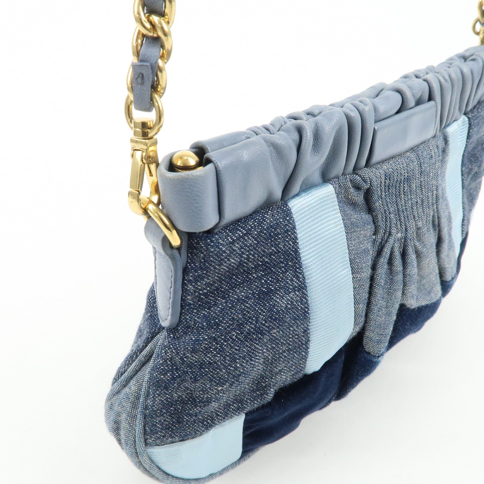 MIU MIU Denim Velour Leather Patches Shoulder Bag Blue Navy Used