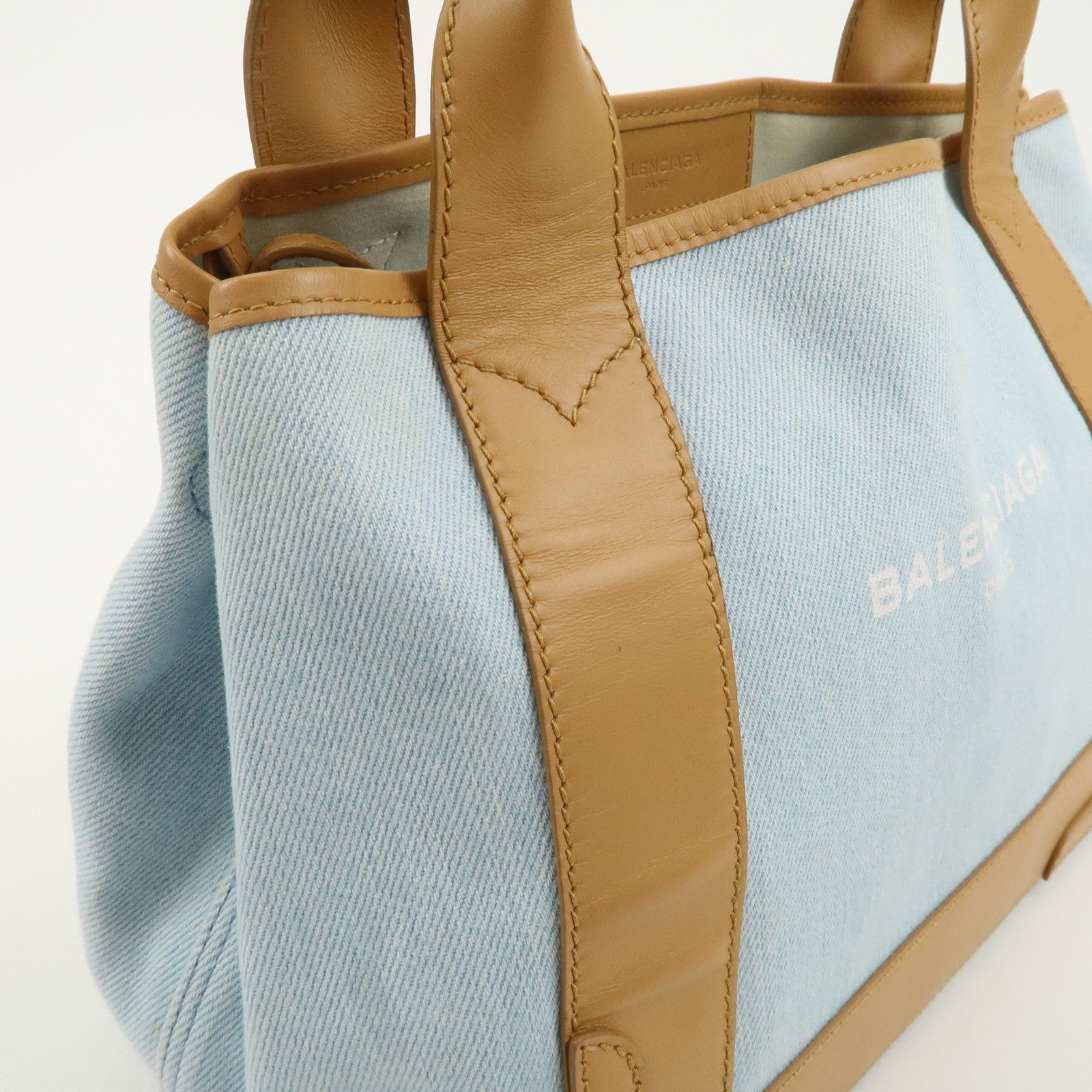 BALENCIAGA Navy Cabas S Canvas Leather Tote Bag 339933 Used