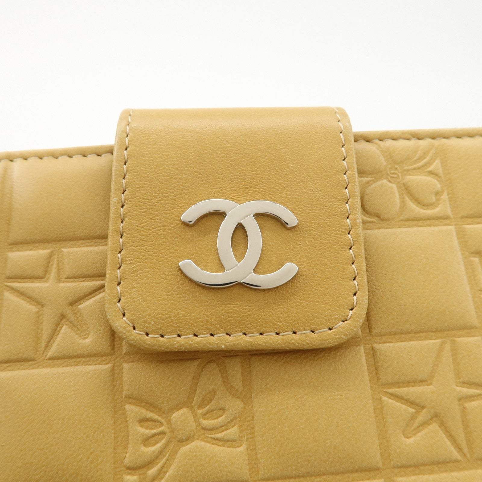 CHANEL Icon Line Lamb Skin W Flap Bi-fold Wallet Beige A24212 Used