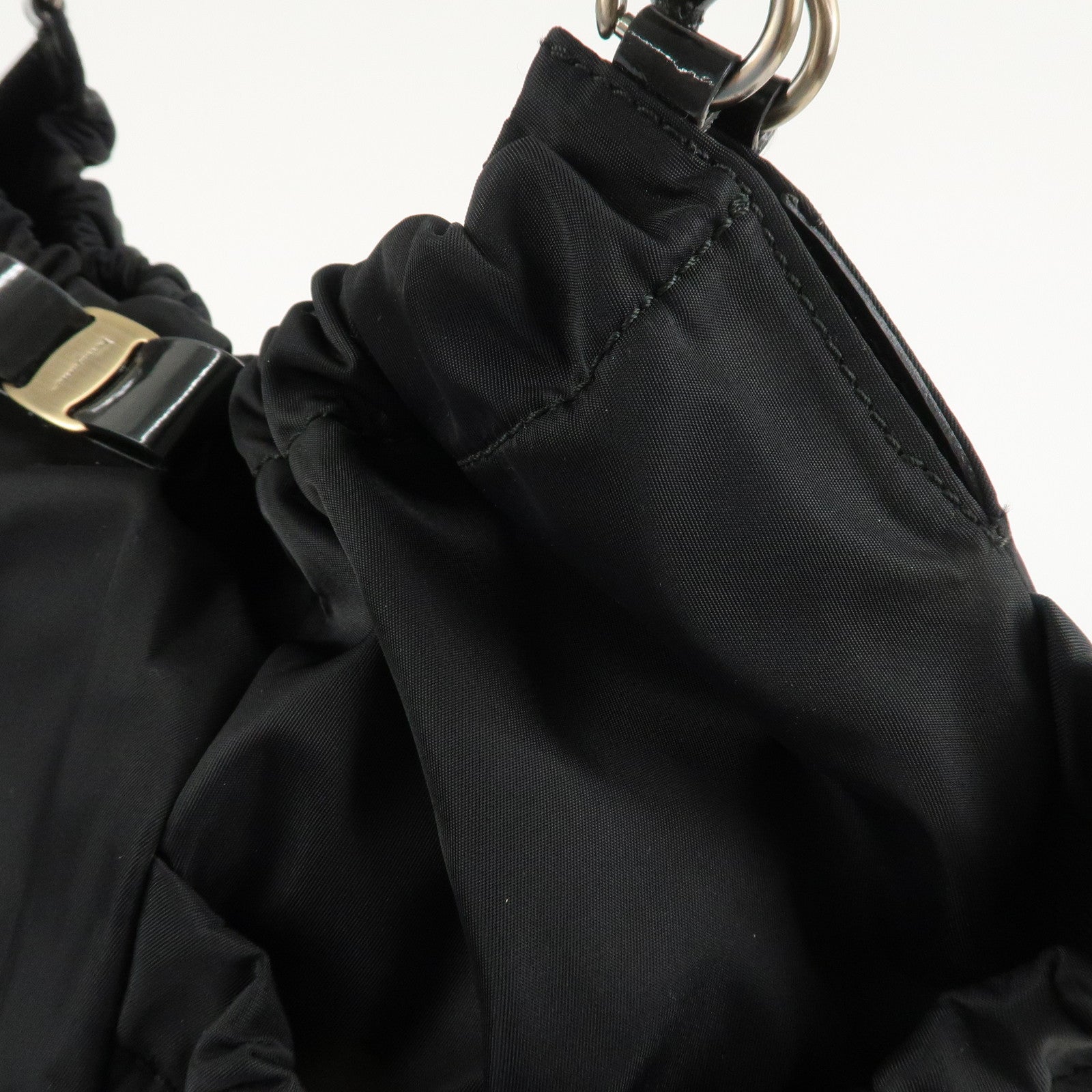 Ferragamo Nylon Patent Leather Shoulder Bag Hand Bag Black Used