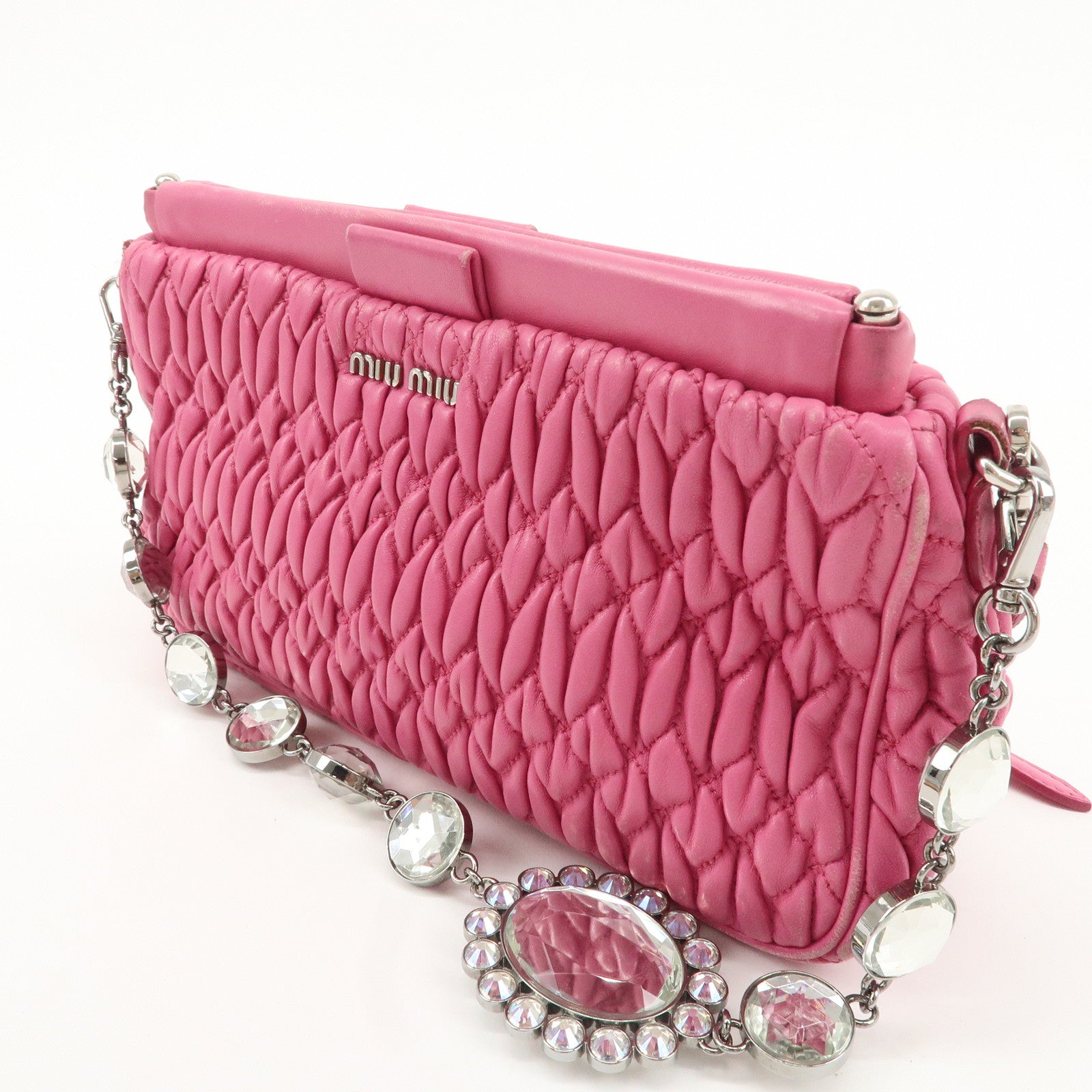 MIU MIU Matelasse Leather Bijou Shoulder Bag Hand Bag Pink Used
