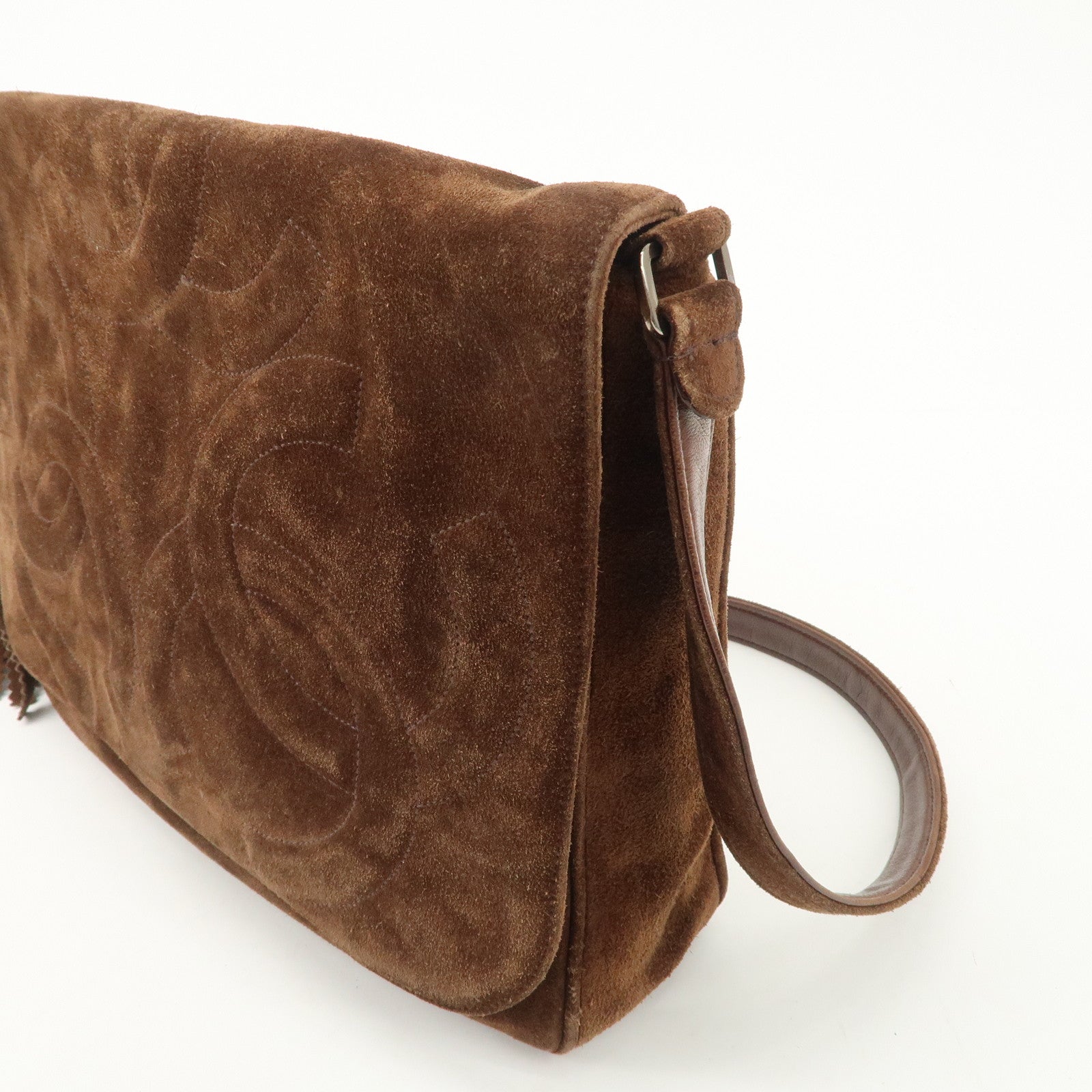 CHANEL Triple COCO Mark Suede Shoulder Bag Brown Silver Used