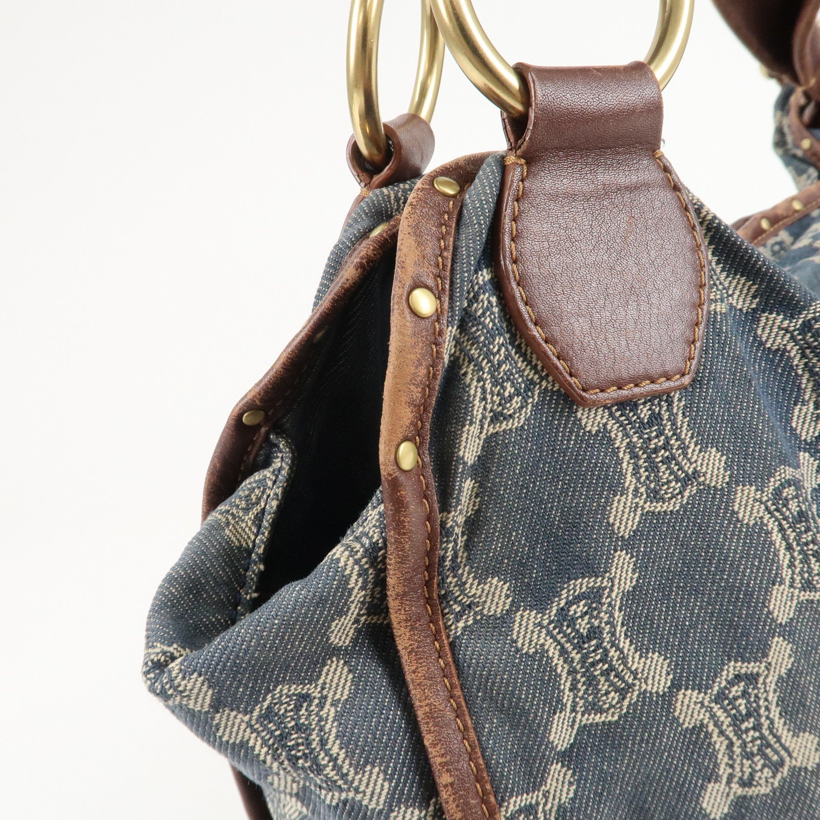 CELINE Macadam Denim Leather Bittersweet Shoudler Bag Navy Brown Used