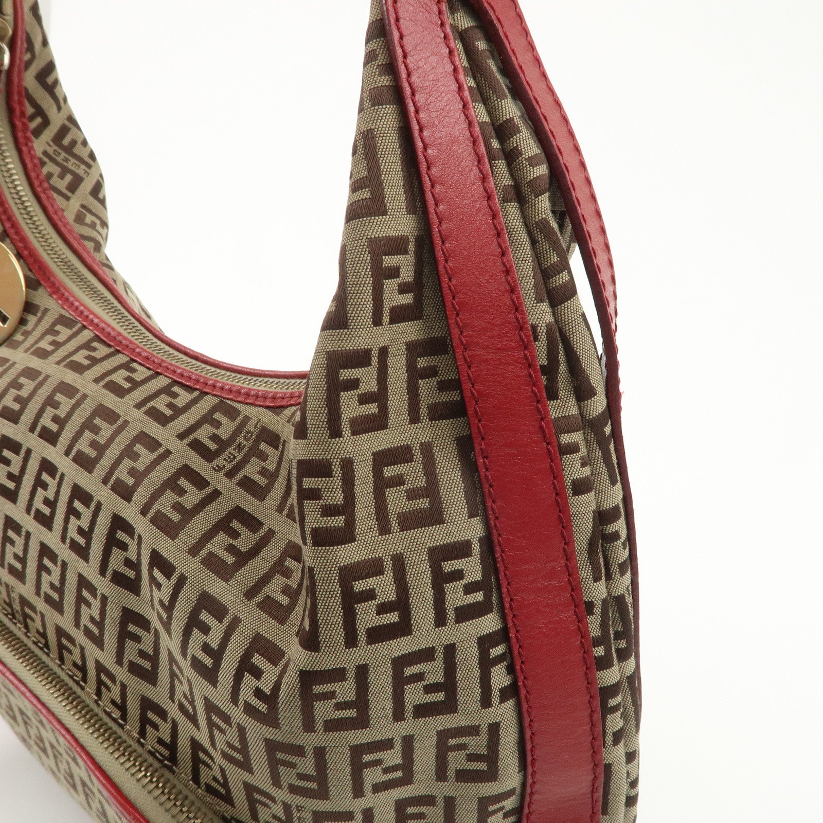 FENDI Zucchino Canvas Leather Shoulder Bag Khaki Brown Red 8BR465 Used