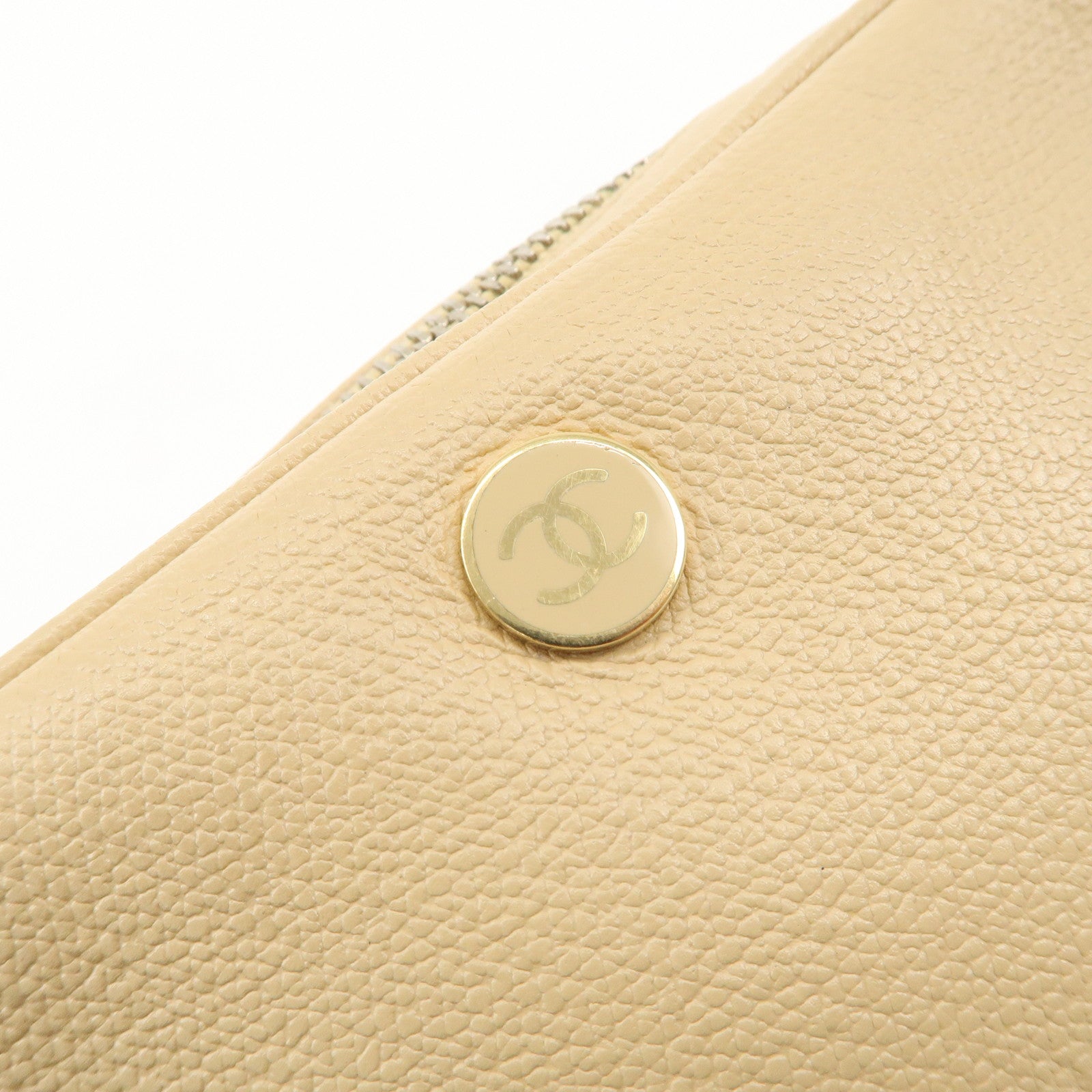 CHANEL COCO Button Leather Cosmetic Pouch Beige Gold A20913 Used