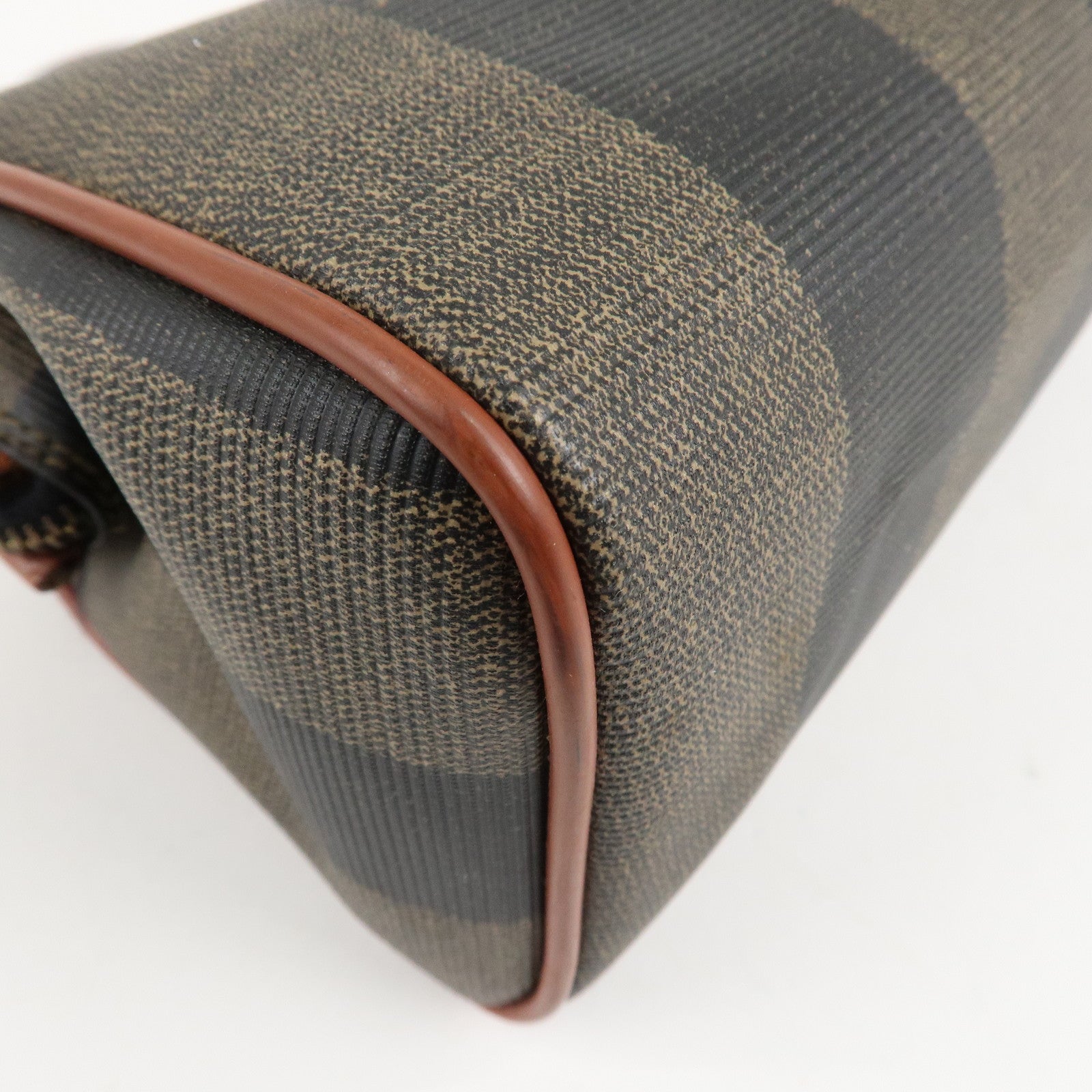 FENDI Pequin PVC Leather Mini Boston Bag Khaki Brown Black Used