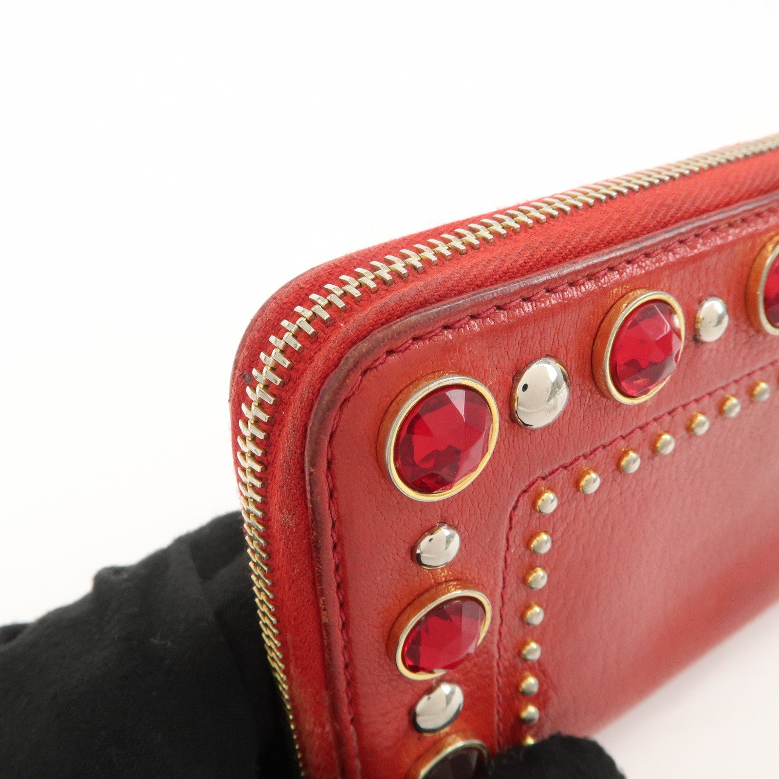MIU MIU Leather Round Zipper Long Wallet Bijou Studs Red Used