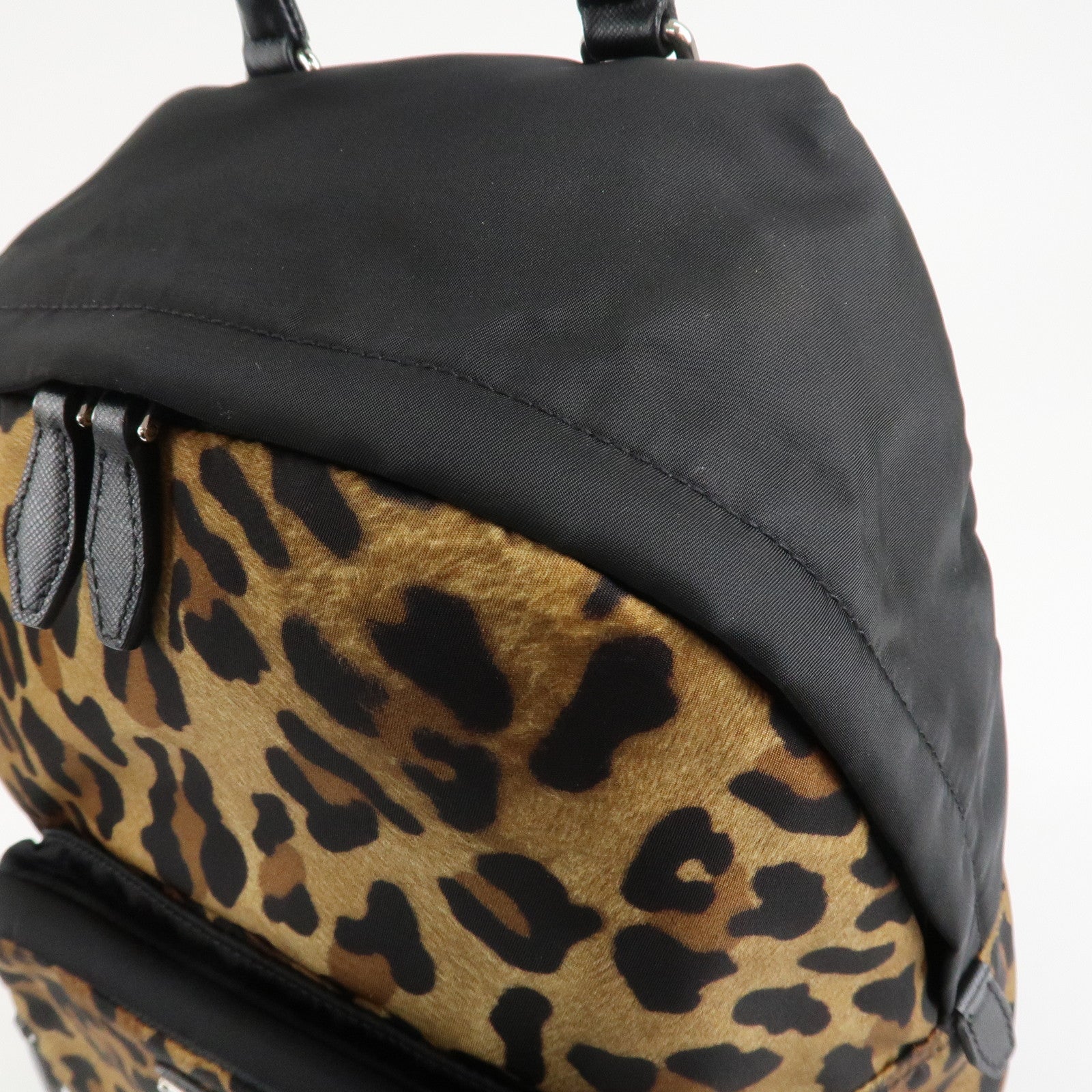PRADA Leopard Nylon Leather Rucksack Black Brown 1BZ001 Used