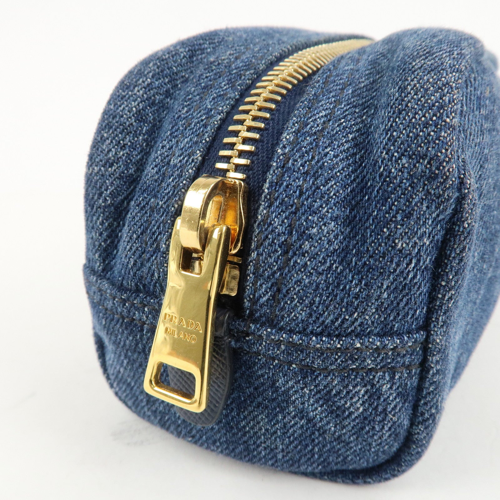 PRADA Triangle Logo Denim Pouch Cosmetic Pouch Blue Used