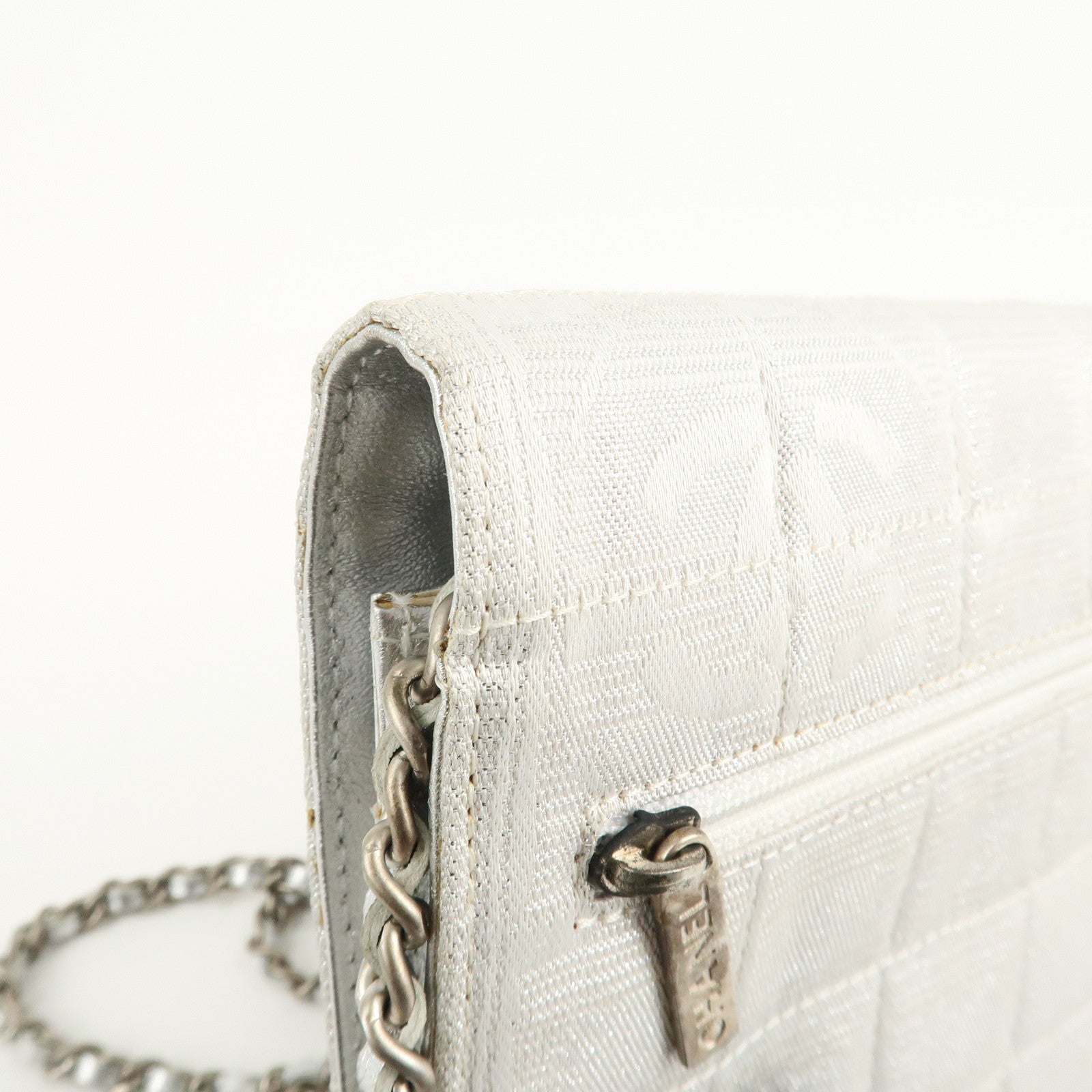 Chanel New Travel Line Nylon Jacquard Leather Chain Wallet A15772 Used