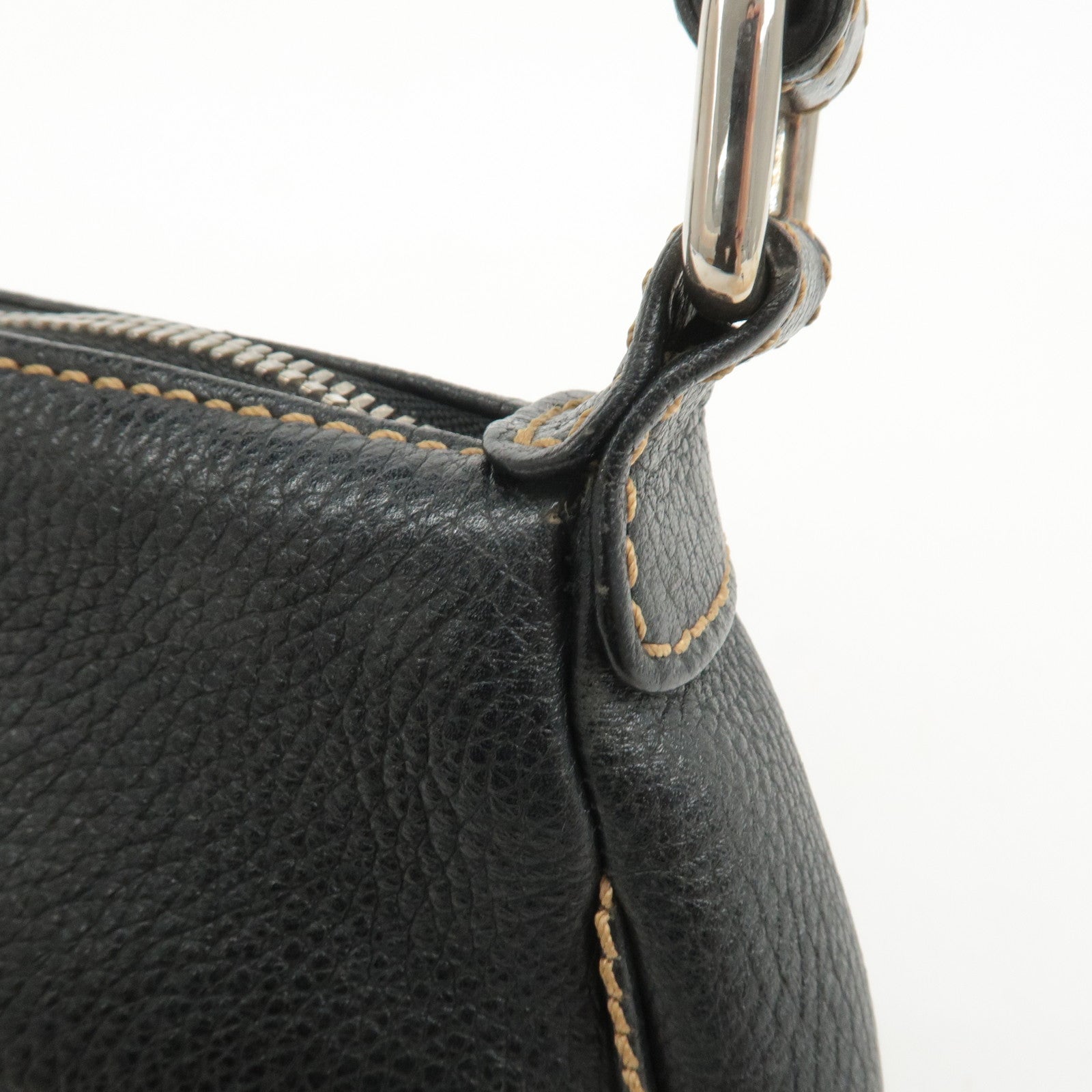 CHANEL Leather Shoulder Bag Black Silver Used