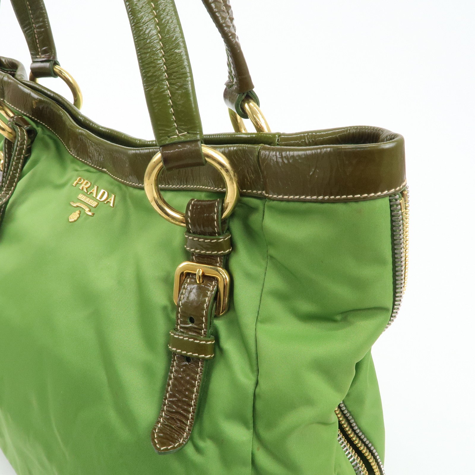 PRADA Nylon Patent Leather Tote Bag Shoulder Bag Green Khaki Used