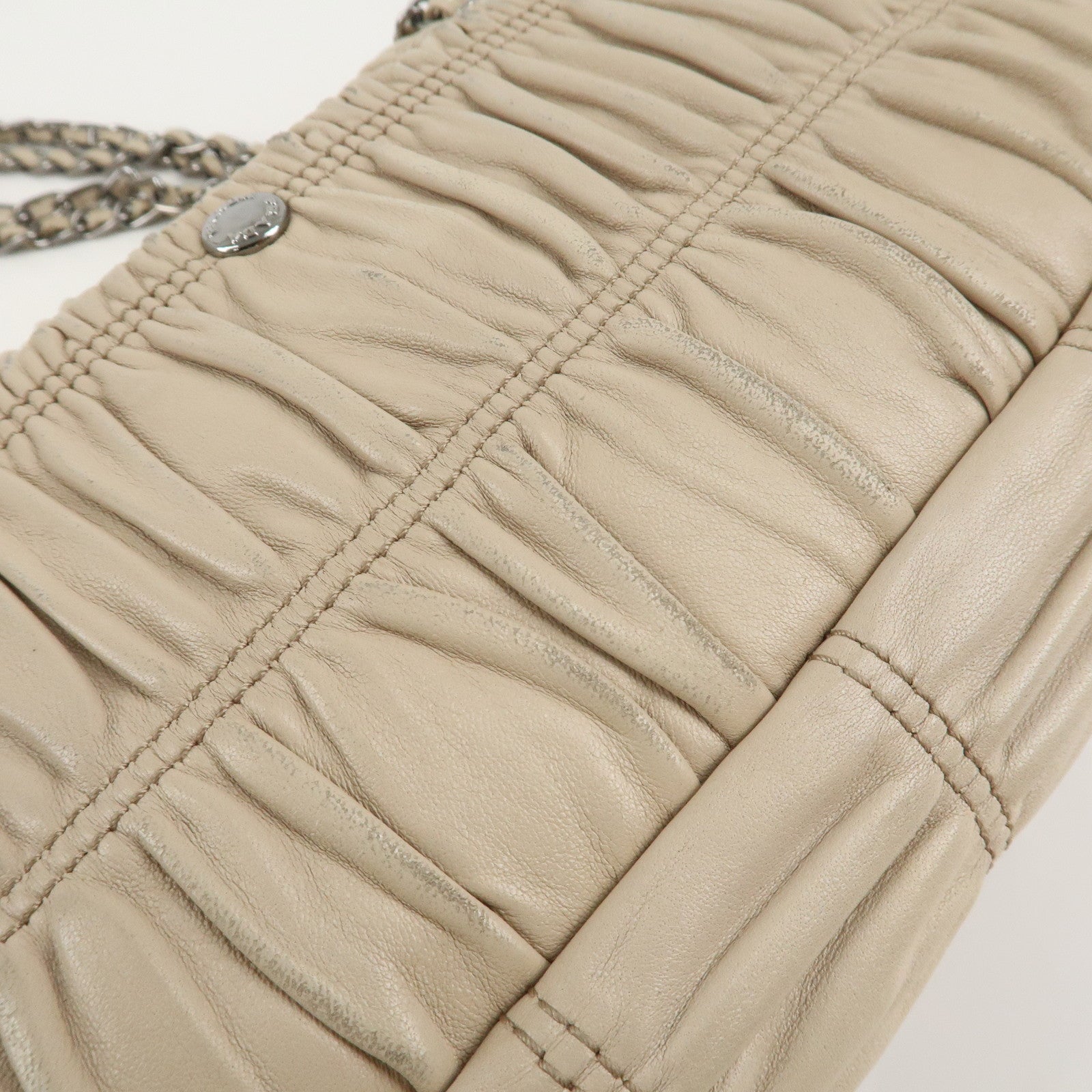 PRADA Leather Gathered Chain Shoulder Bag Ivory B4695C Used